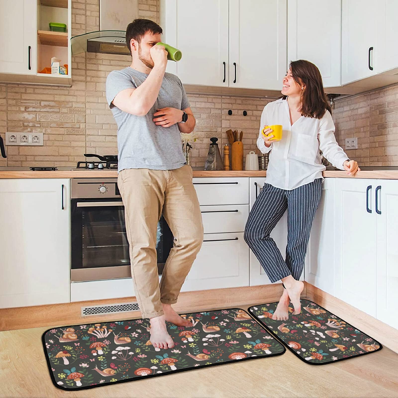 Premium Anti-Fatigue Kitchen Mats Set of 2 - Non-Slip Cushioned Runner Rugs with Mushroom & Snails Design for Kitchen, Sink, Laundry & Bathroom - Home Decor & Floor Protection for High-Traffic Areas