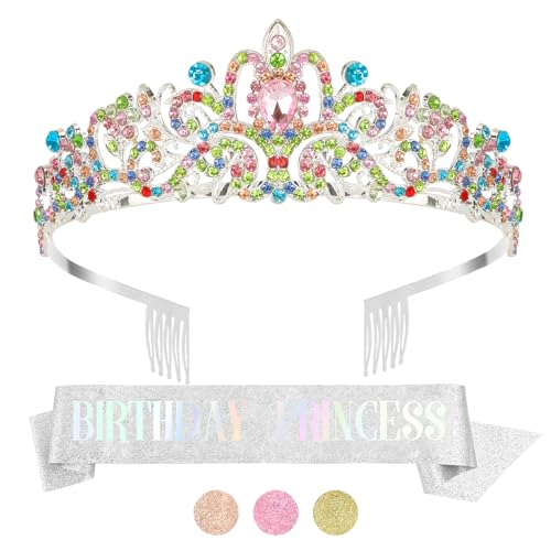 Birthday Princess Sash & Tiara Set for Women & Girls - Silver Glitter Crown & Sash for Birthday Celebrations, Parties & Special Events - Perfect for Princess-Themed Decorations & Photo Props