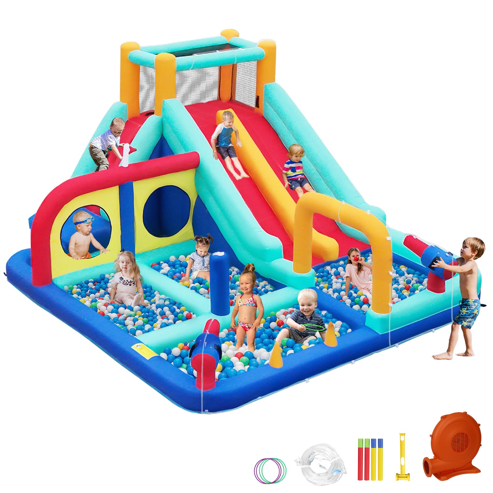 **Double Lane Inflatable Water Slide with 4 Splash Pools, Climbing Wall & Water Cannons - Kids Outdoor Water Park Bounce House with 450W Blower - Perfect for Backyard Parties, Summer Fun & Family Gatherings (Blue)**
