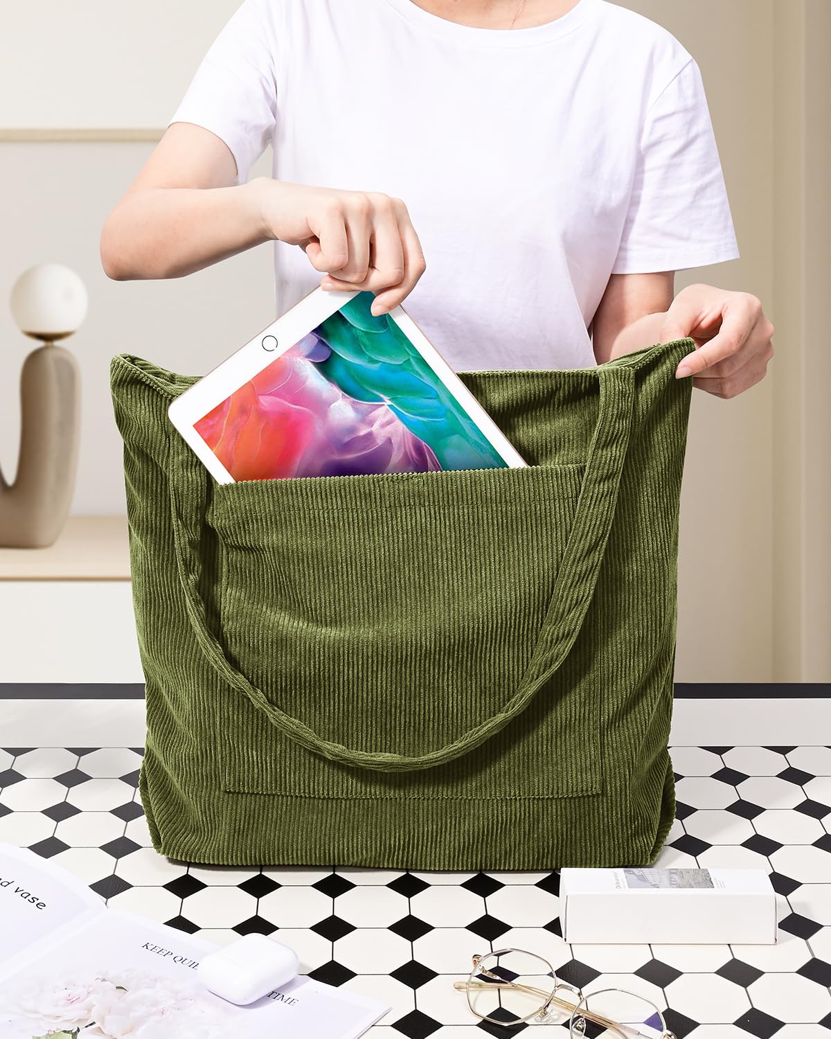 Stylish Iioscre Corduroy Tote Bag for Women - Large Capacity Zippered Hobo Handbag with Inner Pockets | Perfect for Work, Travel & Everyday Use