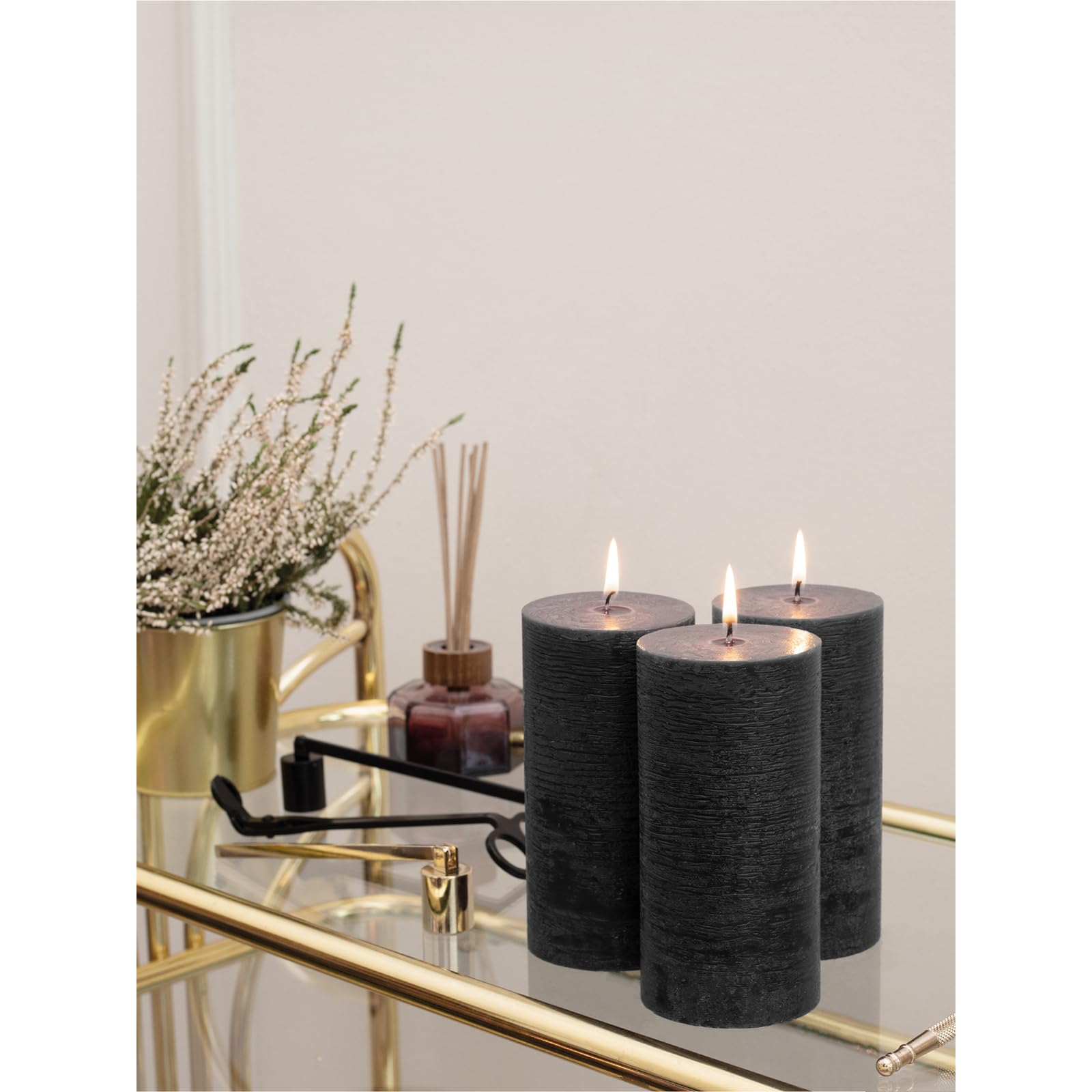 Large Pillar Candles 3x6 Inch - Set of 3 Unscented Black Candles for Halloween Decor & Home Styling
