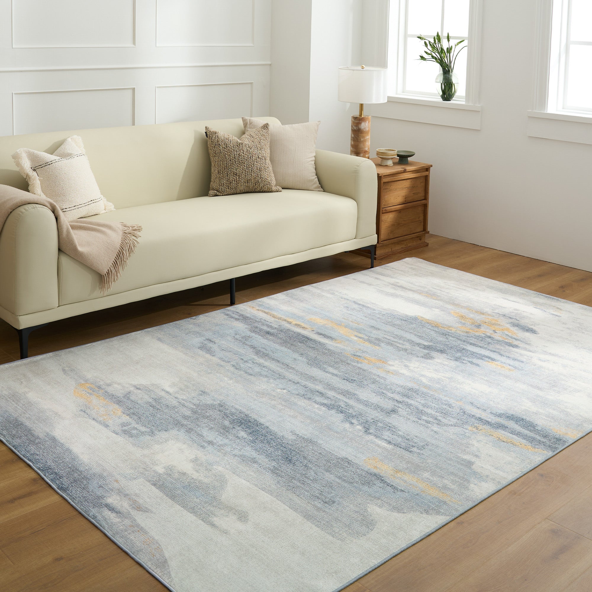 Easy Clean Washable Rug - Modern Abstract Neutral Brushed Design - Durable Spillproof & Pet Friendly Non-Slip Area Rug - Perfect for Living Room, Bedroom & High Traffic Areas