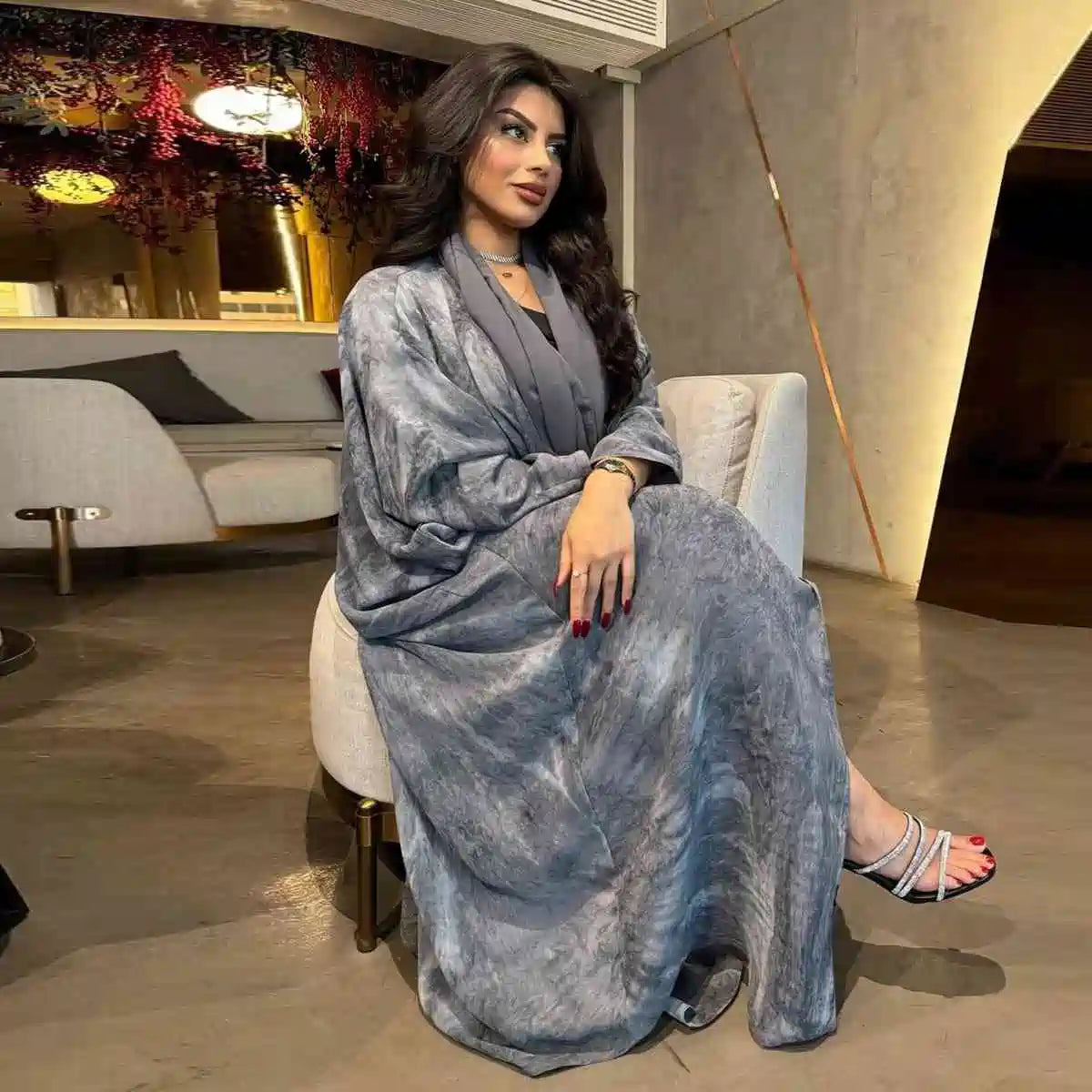 Elegant Chiffon Printed Cardigan Open Abaya Dress with Matching Hijab - Modest Muslim Fashion for Women, Perfect for Prayer, Eid, and Special Occasions