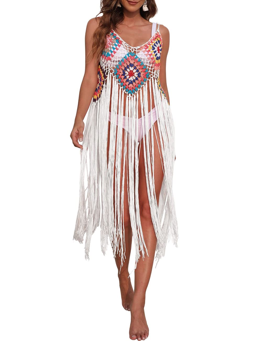 Boho Fringe Crochet Beach Cover Up for Women - Sexy Swimsuit Coverup with Tassel Details - Perfect for Pool Parties, Beach Vacations & Summer Getaways