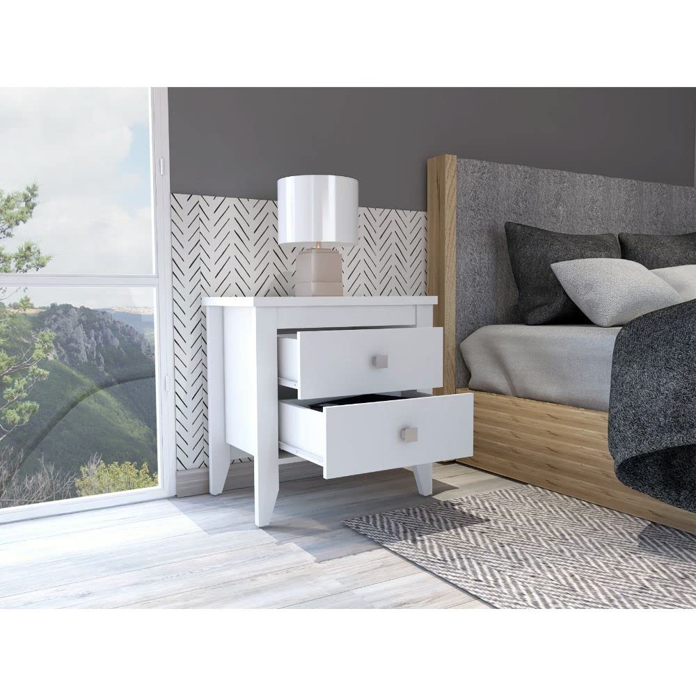 Modern White Nightstand with Two Drawers - 4-Legged Bedside Table for Bedroom, Living Room & Office - Sturdy Storage End Table with Smooth Gliding Drawers