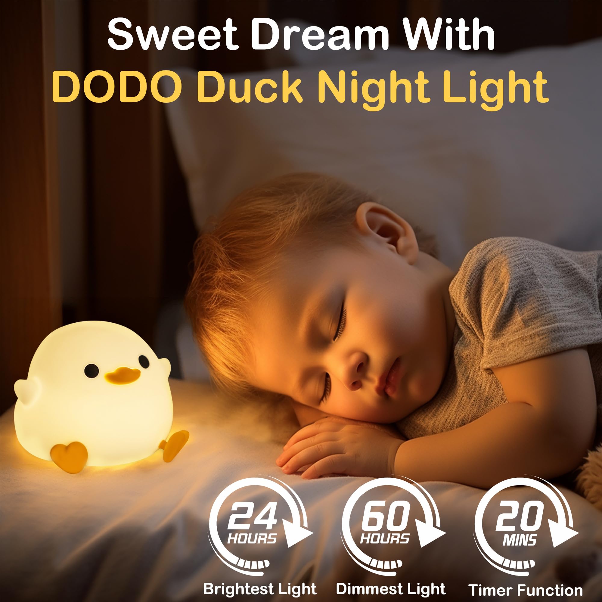 DoDo Duck Night Light - Cute Silicone Duck Lamp for Nursery, Dimmable Rechargeable LED Bedside Lamp with 20-Min Timer & Touch Control | Perfect Baby Shower Gift, Kids Room Decor & Soothing Nightlight for Boys, Girls & Women