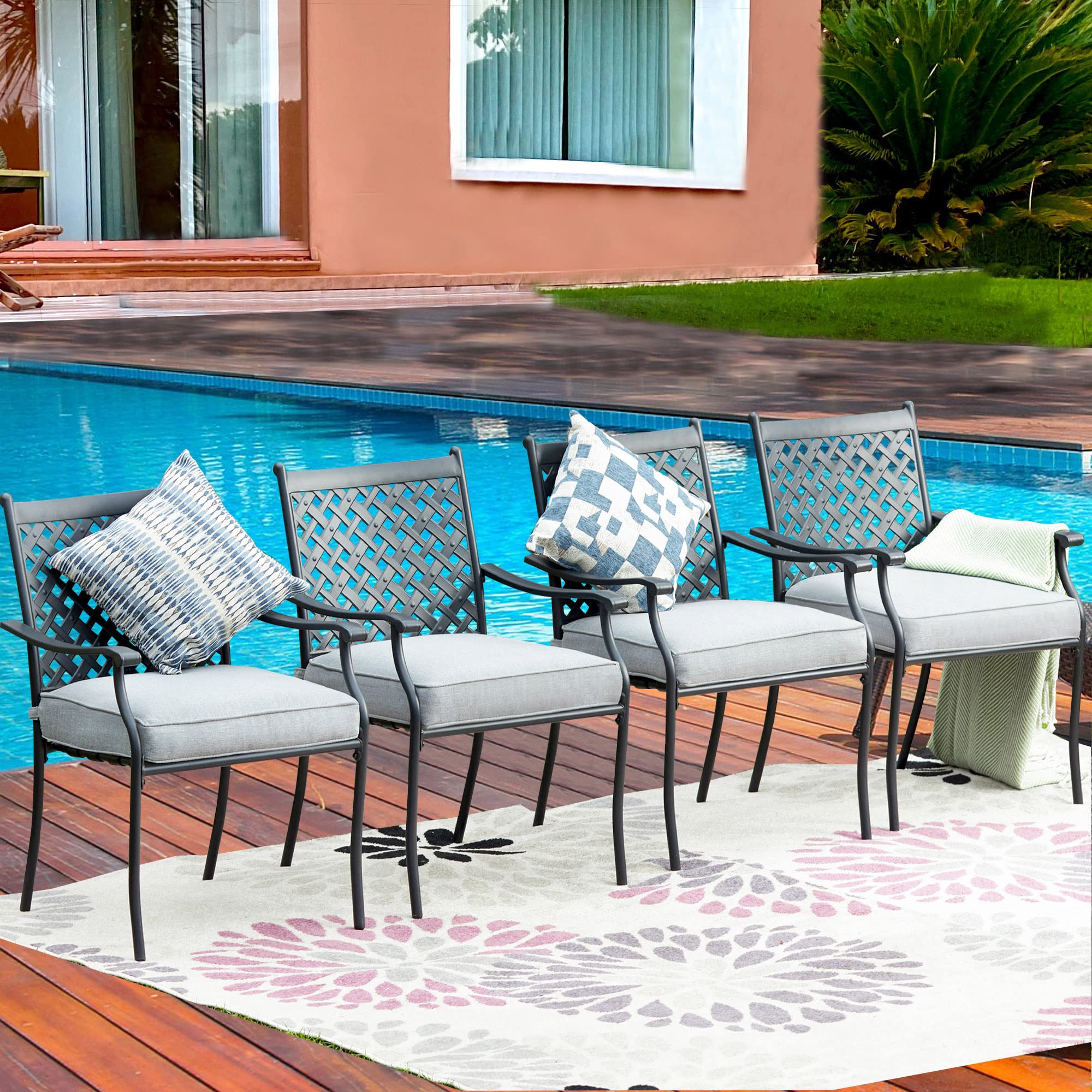 4-Piece Grey Metal Dining Chair Set with Arms & Cushions - Indoor/Outdoor Patio, Bistro, Cafe Side Chairs - Perfect for Backyard, Restaurant, and Home Dining Use