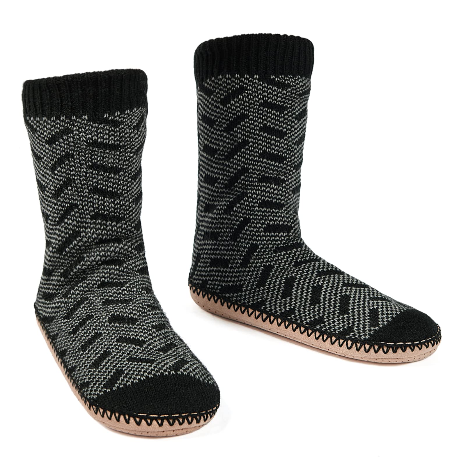Men's Winter Cable Knit Non-Slip Slipper Socks - Cozy Soft Sherpa Lined Indoor Socks for Warmth & Comfort - Perfect for Home, Lounge & Cold Weather Wear