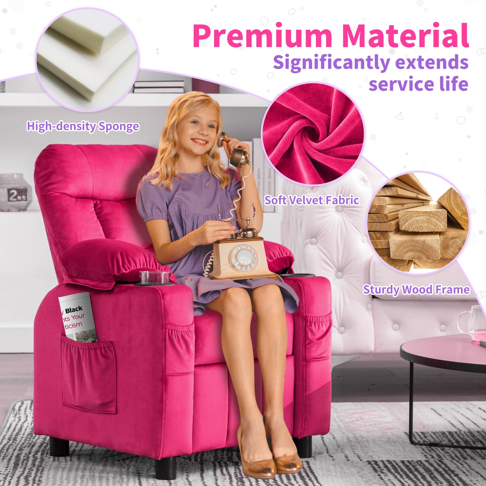 **Kids Recliner Chair with Cup Holder - Adjustable Toddler Lounge Chair with Footrest & Side Pockets, Soft Velvet Ergonomic Sofa for Boys & Girls Bedroom (Rose Pink) - Perfect for Reading, Watching TV & Relaxing**