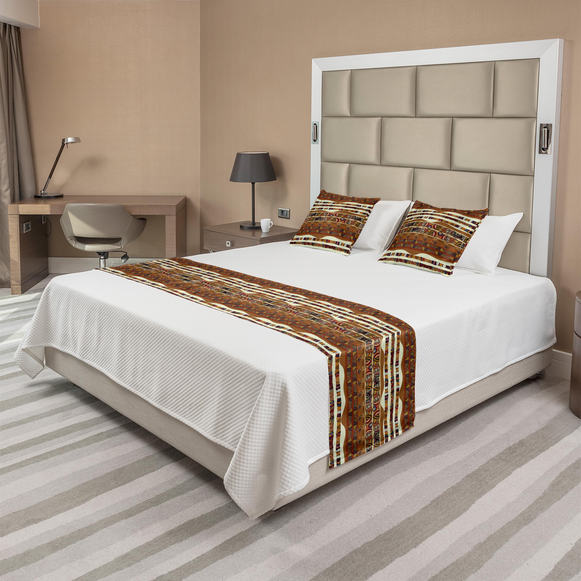 Ambesonne Tribal Bed Runner Set with Boho Abstract Design - Traditional Folk Cultural Bed Scarf & 2 Pillow Shams for Home & Hotel Decor | Multicolor Bohemian Style Bedding Accessory for Master Bedroom, Guest Room & Airbnb Styling