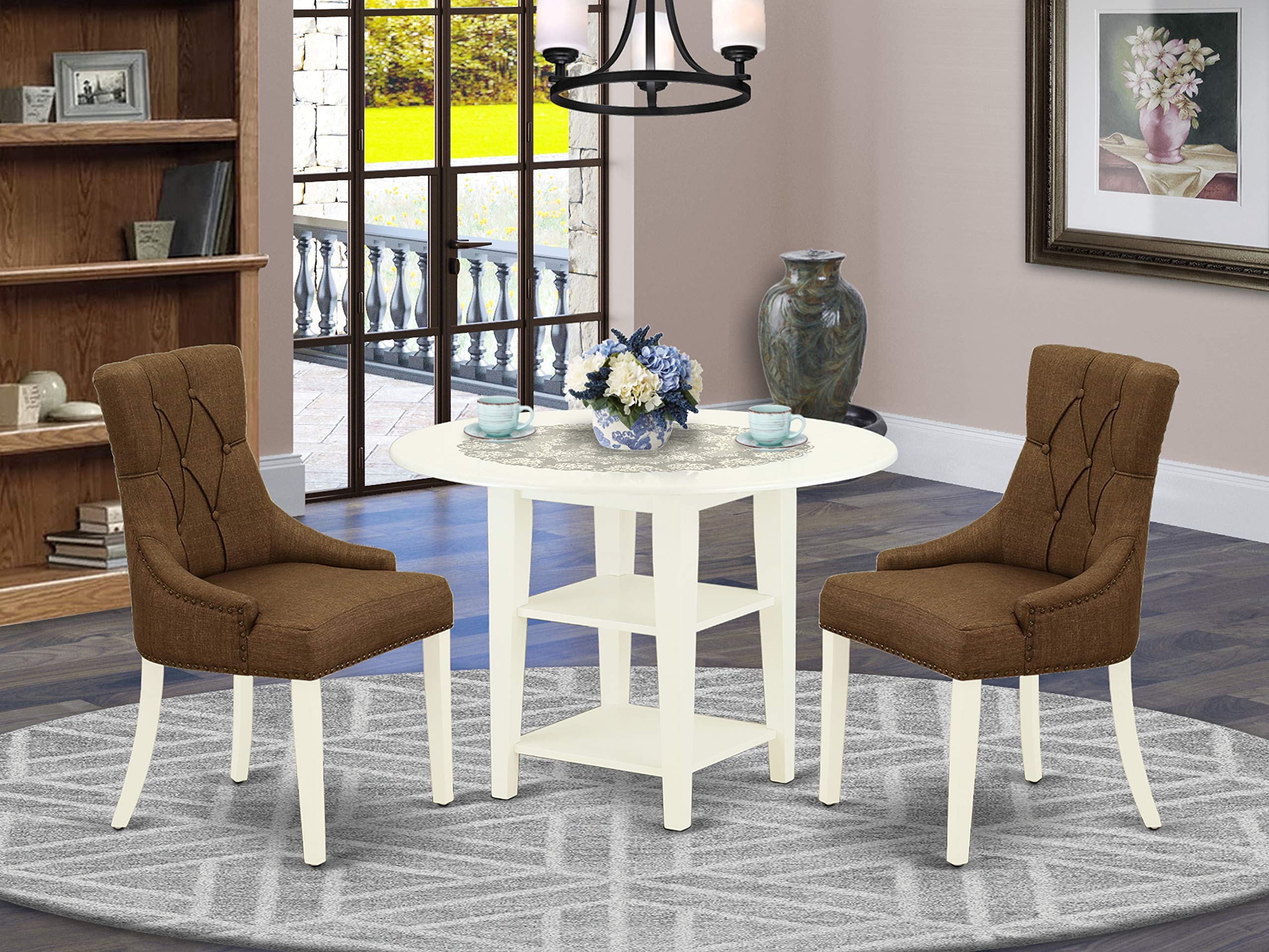 3-Piece Dinette Set with Round Drop-Leaf Dining Table & 2 Parson Chairs - Dark Coffee Fabric & Linen White Finish for Small Spaces, Breakfast Nooks & Apartments