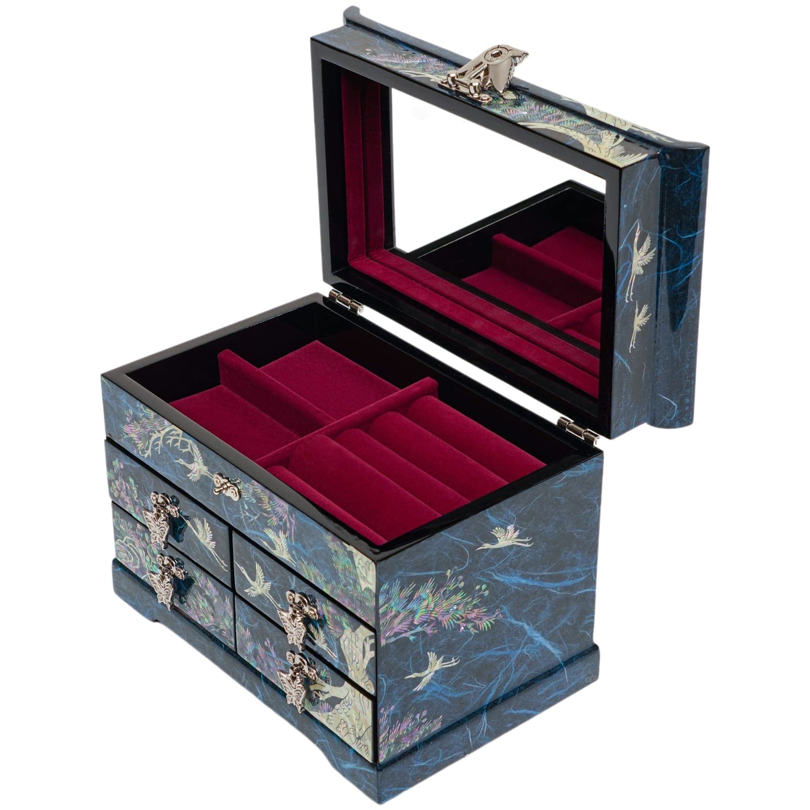February Mountain Mother of Pearl Wooden Jewelry Organizer Box - Elegant Jewelry Storage with Spacious Drawers for Rings, Bracelets, Necklaces & Watches | Perfect Gift for Women | Home Vanity & Travel Jewelry Case (Crane Blue)
