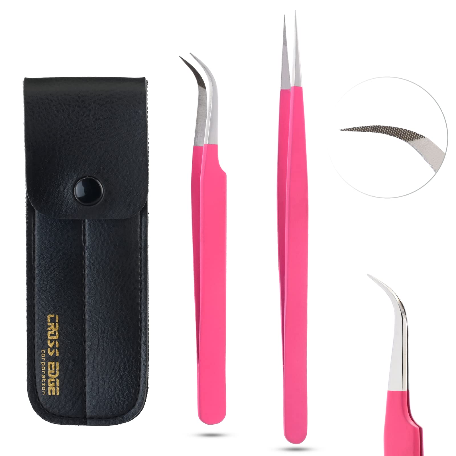 Premium Eyelash Extension Tweezers Set - 2 Pcs Straight Isolation & Curved Volume Tweezers with Fiber & Microgrip Tips | Professional Lash Tools for Salon & Home Use | Durable Stainless Steel (Matte Pink)