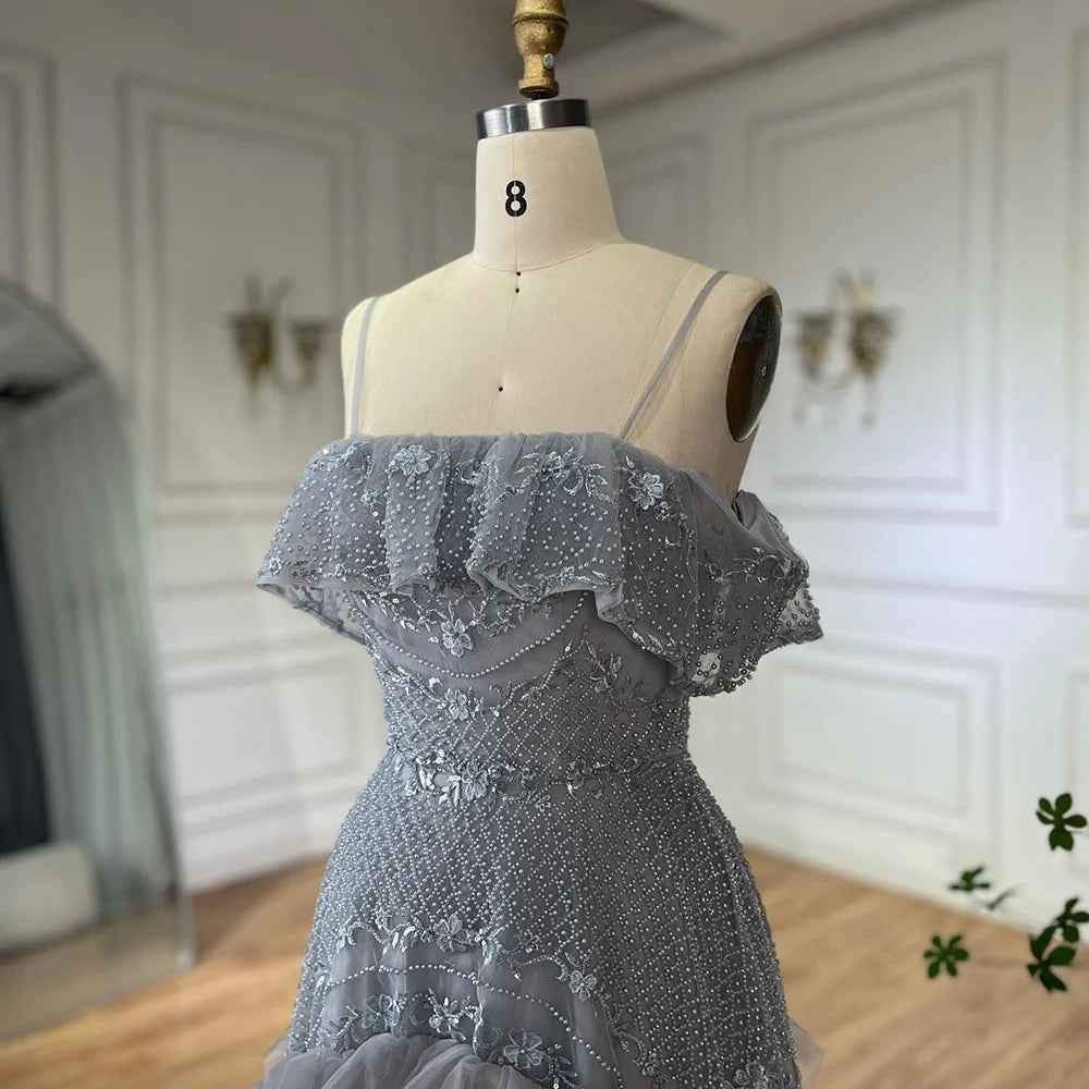 Luxury Dubai Arabic Gray A-Line Off-The-Shoulder Beaded Saudi Evening Gown LA72762 for Formal Events, Weddings & Red Carpet Occasions
