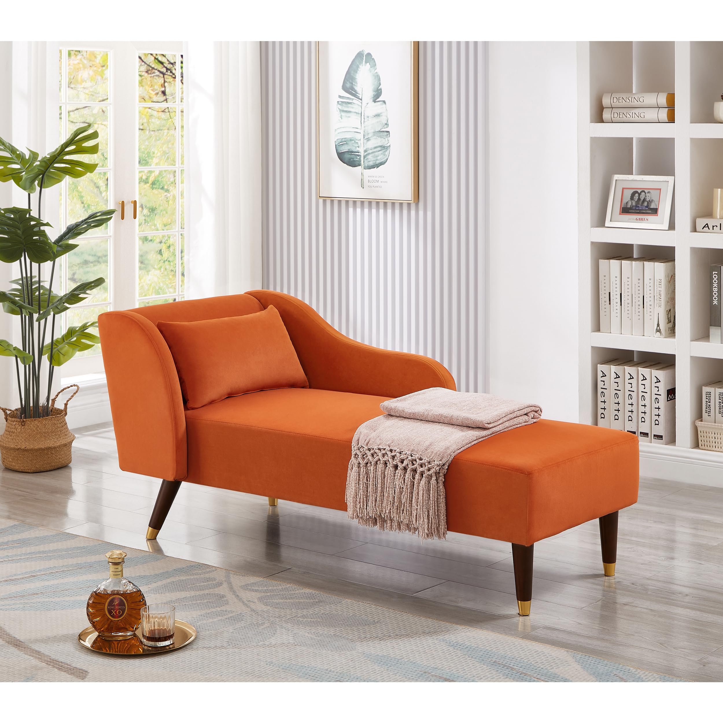 Velvet Upholstered Chaise Lounge Chair with Pillow - Solid Wood Legs Modern Indoor Lounge Chair for Living Room, Bedroom & Office - Comfortable Orange Accent Furniture for Relaxing, Reading & Napping