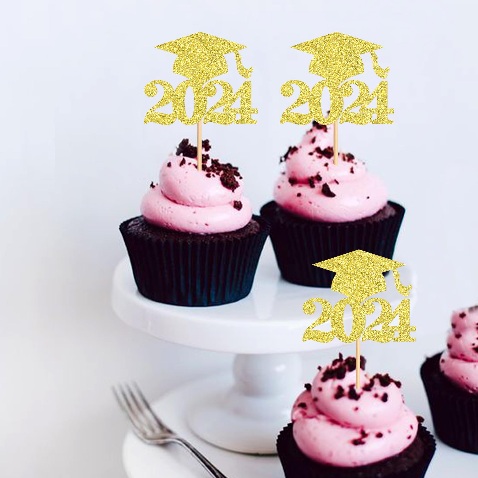 36 Pack Gold Glitter Graduation Cupcake Toppers - Class of 2024 Grad Cap Cake Decorations for Graduation Party Supplies | Perfect for Graduation Cakes, Cupcakes, Desserts and Celebration Decor
