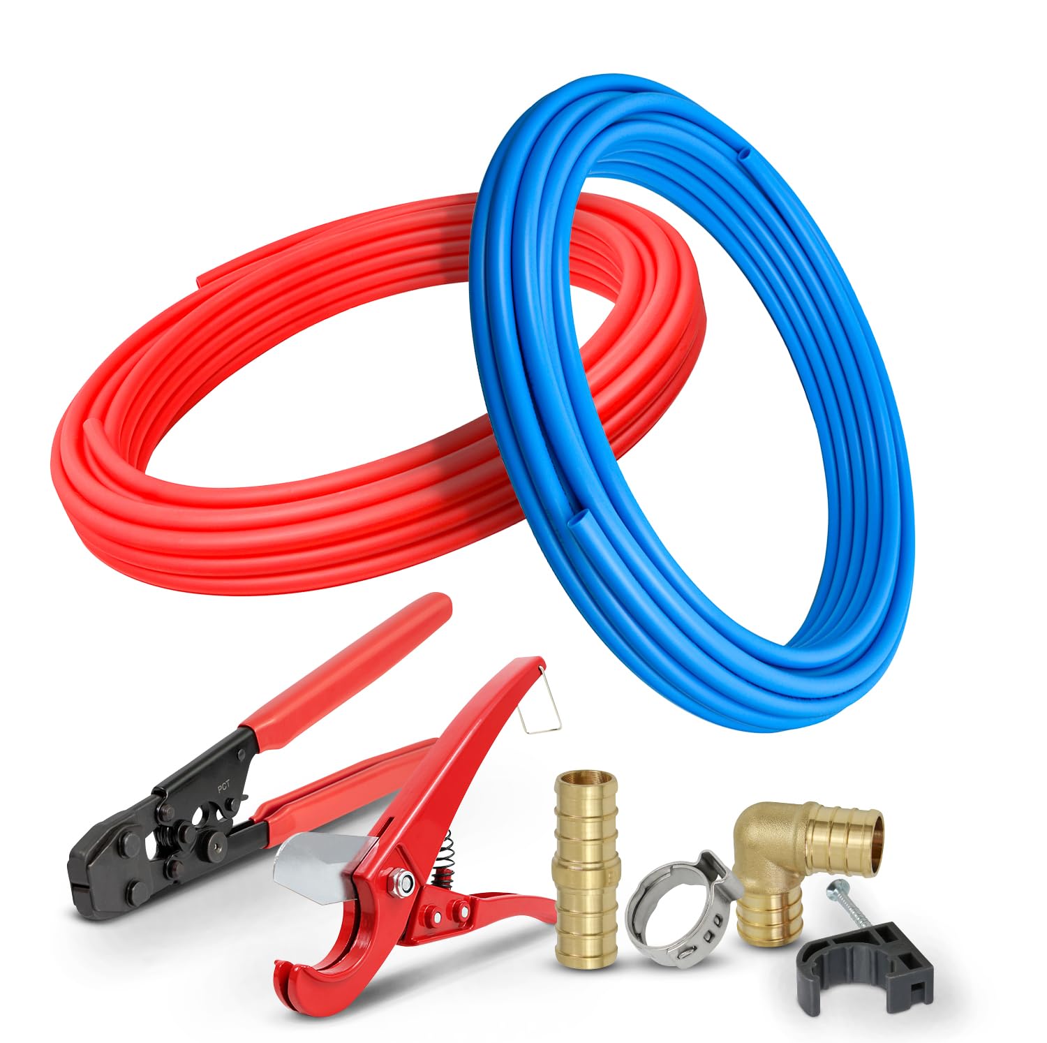 3/4-Inch PEX Plumbing Starter Kit with Crimper & Cutter Tools - Includes Brass Elbow & Coupling Fittings, Cinch Clamps, Half Clamps, 2 Rolls of 3/4-In X 100ft PEX Tubing - Perfect for DIY Home Plumbing Repairs and Water Supply Installations
