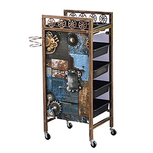 Vintage Gold Mobile Salon Hairdressing Trolley - 5-Tier Barber Storage Cart with Drawers, Hair Dryer Holder & Styling Organizer | Professional Beauty Salon Furniture for Hair Coloring, Styling & SPA Treatments | Perfect for Home Salons, Barber Shops & Mobile Stylists