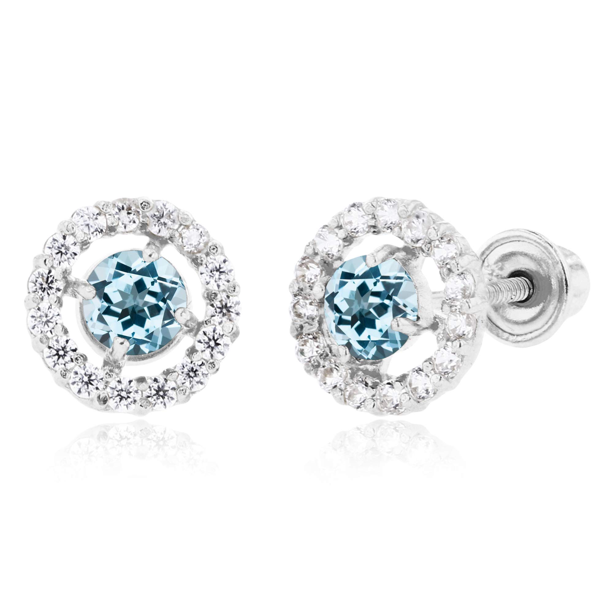 14K Solid Gold 6mm Halo Birthstone Stud Earrings for Women | 3mm Round Natural Birthstone | 1mm White Sapphire Halo Screwback Earrings | Perfect for Birthdays, Anniversaries & Special Occasions
