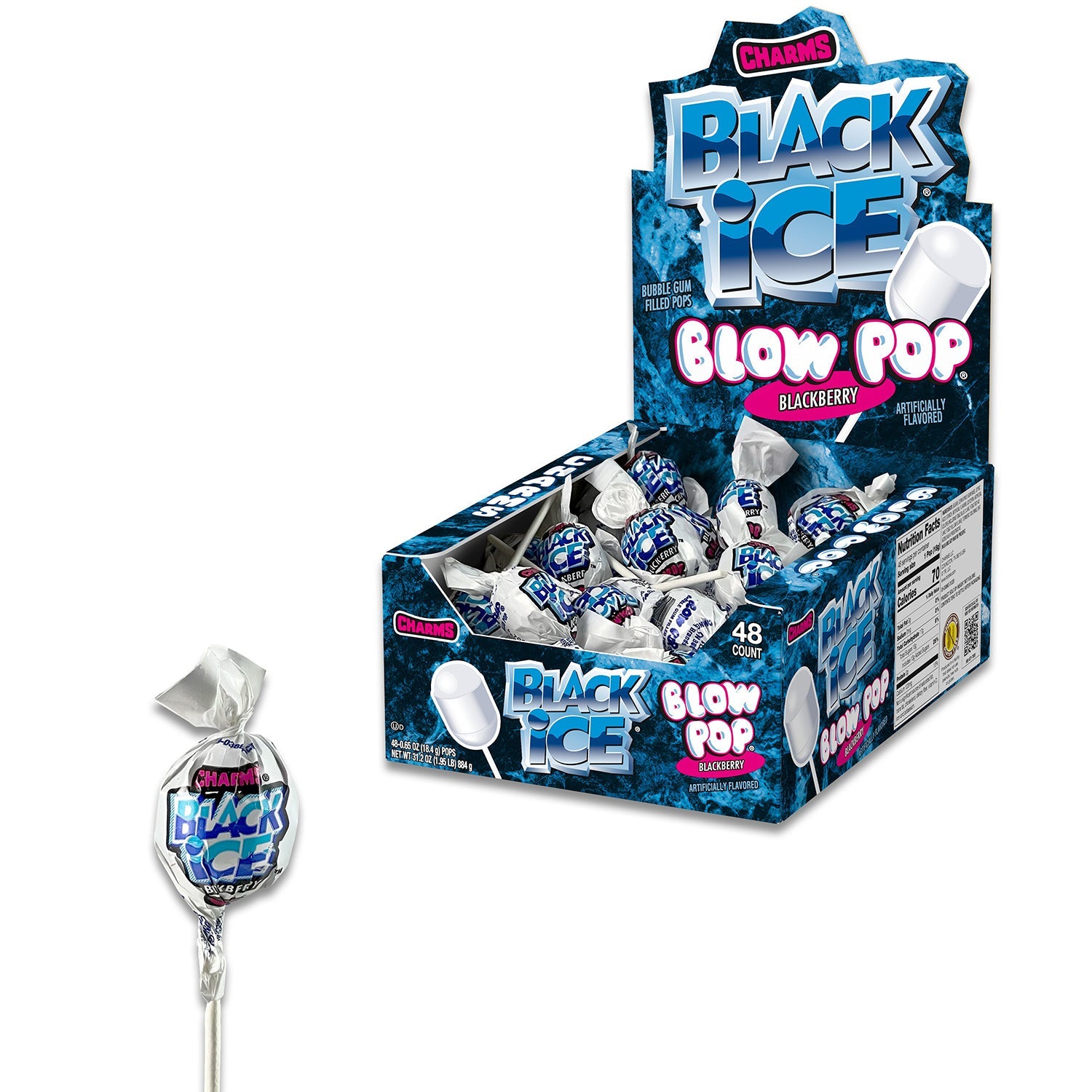 Charms Blow Pop Black Ice Lollipops - 48 Count Bulk Candy Box | Perfect for Halloween Treats, Party Favors & Office Snacks