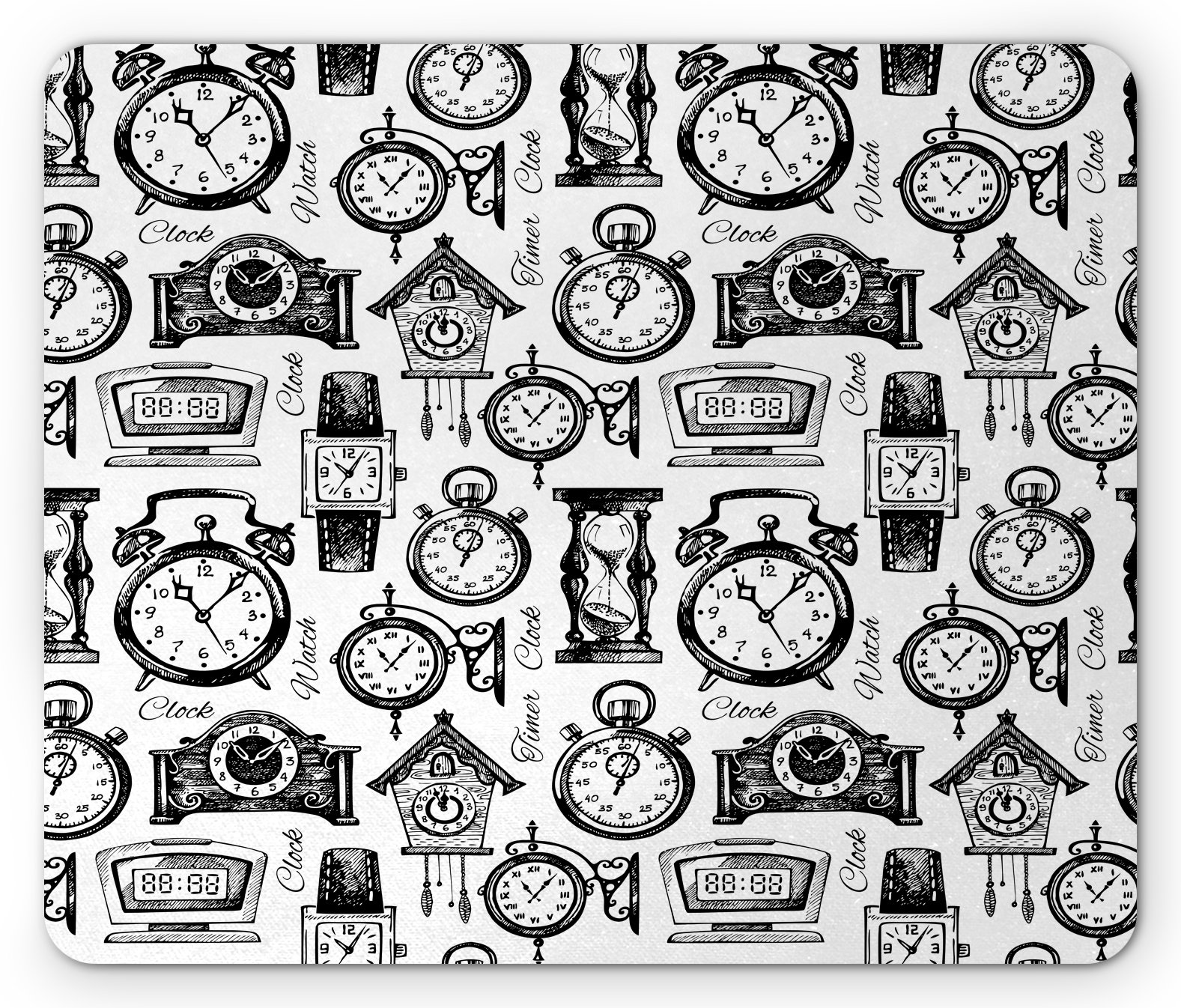 Ambesonne Vintage Clock Mouse Pad - Hand Drawn Watches Illustration, Monochrome Black White Design, Non-Slip Rubber Base, Standard Size Rectangle Mousepad for Office, Gaming & Computer Workstations
