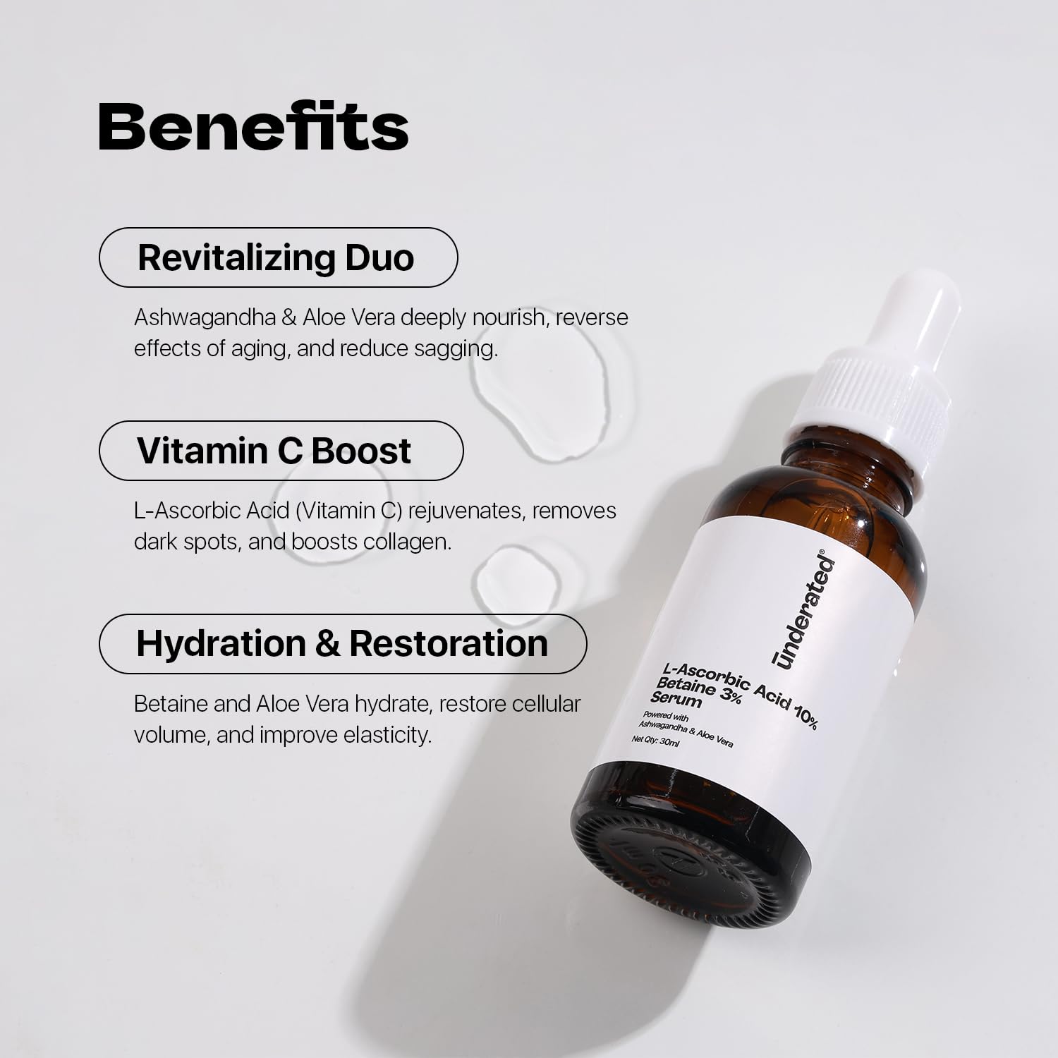 UNDERATED Vitamin C Serum for Face - 10% L-Ascorbic Acid & 3% Betaine with Ashwagandha & Aloe Vera | Brightening Serum for Glowing Skin, Moisture Lock, Even Skin Tone & Texture Revival | 30ml | Perfect for Daily Skincare Routine & Anti-Aging Treatment