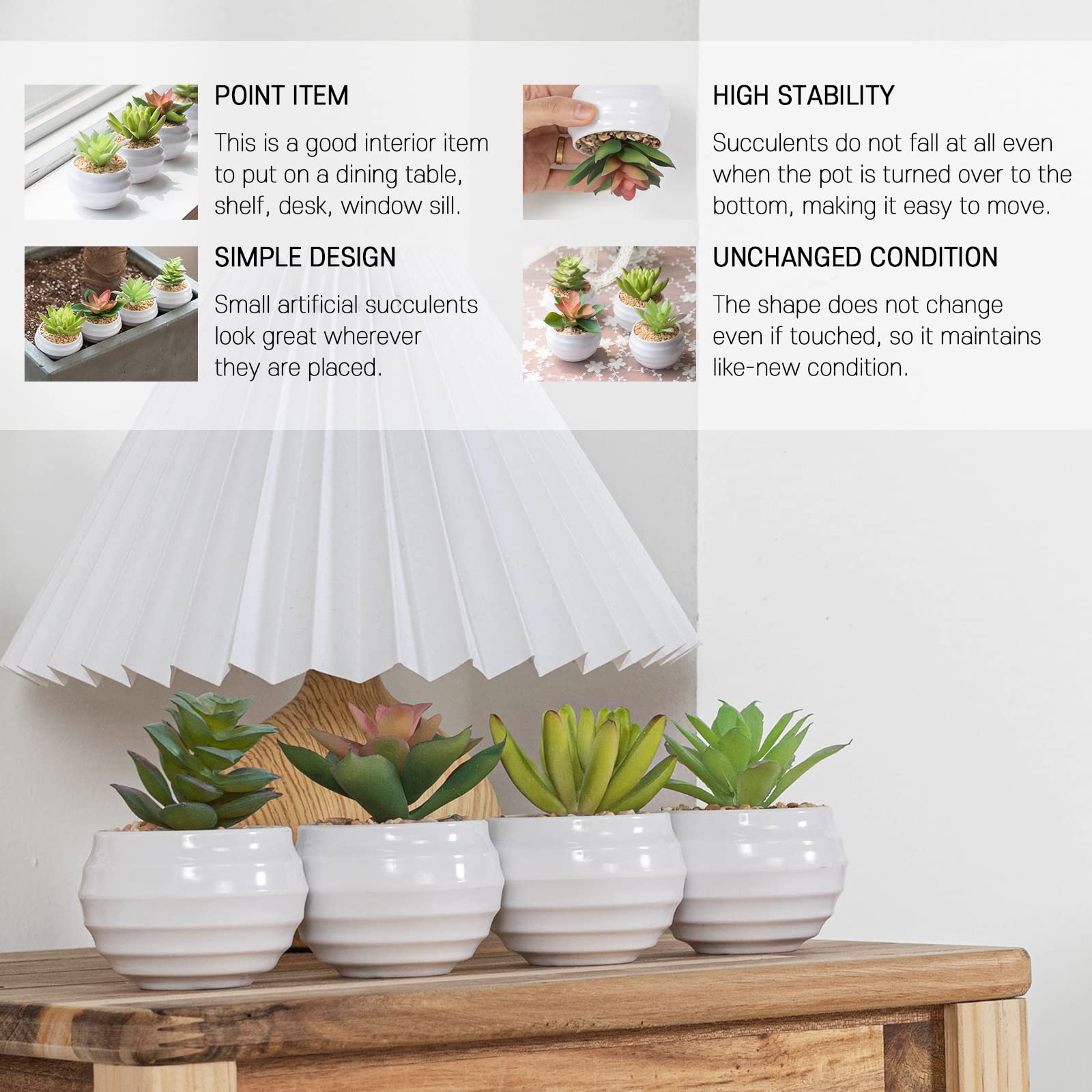 Premium Artificial Succulent Plants in Pots - Set of 4 Fake Cacti & Faux Succulents for Home, Office & Indoor Decor - Low Maintenance Desk Plants for Living Room, Bathroom & Workspace Decorations