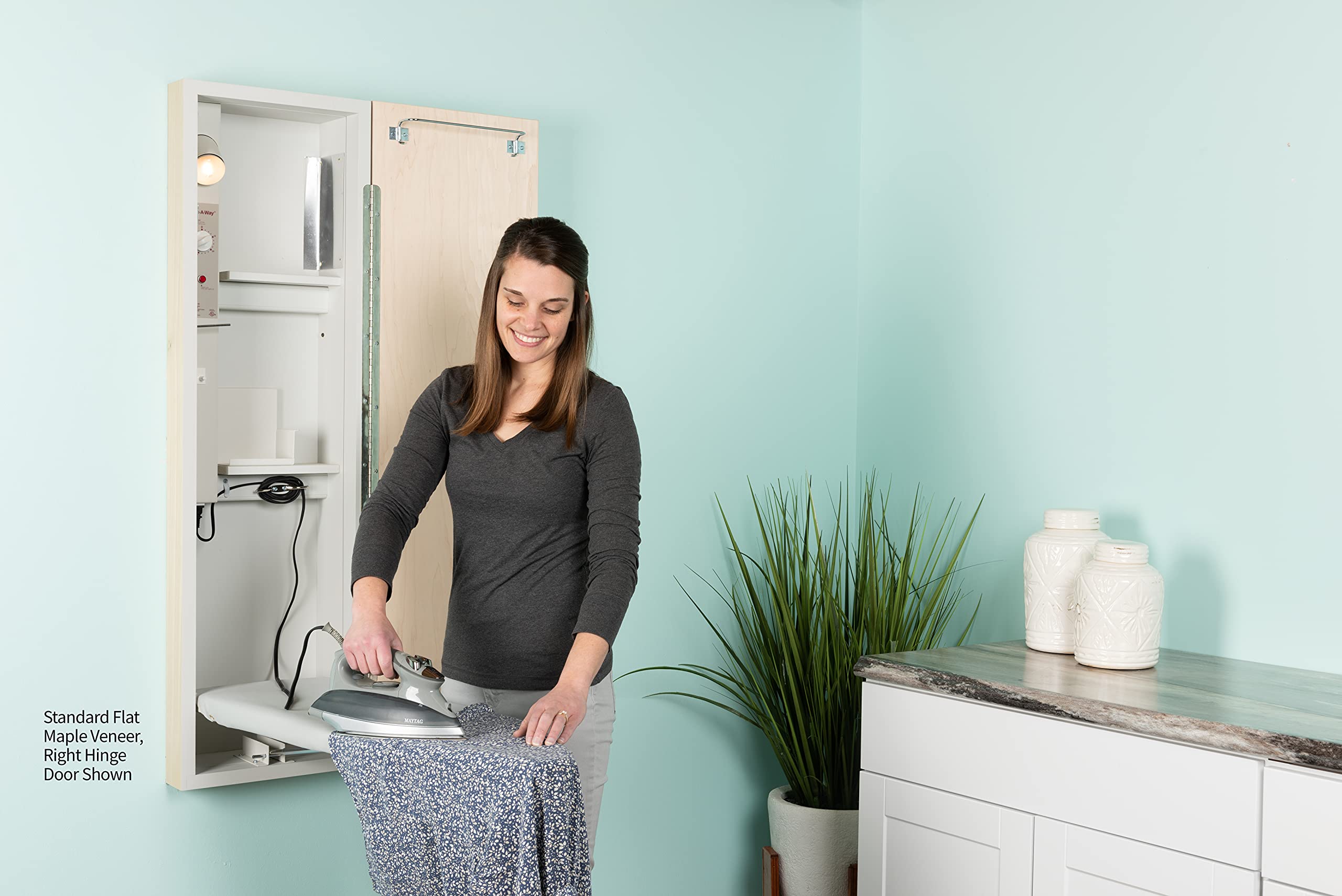 Built-In Ironing Center with 42 Inch Ironing Board | Electrical System & Hot Iron Storage | White Flat Door E42FWU | Perfect for Laundry Rooms & Home Organization