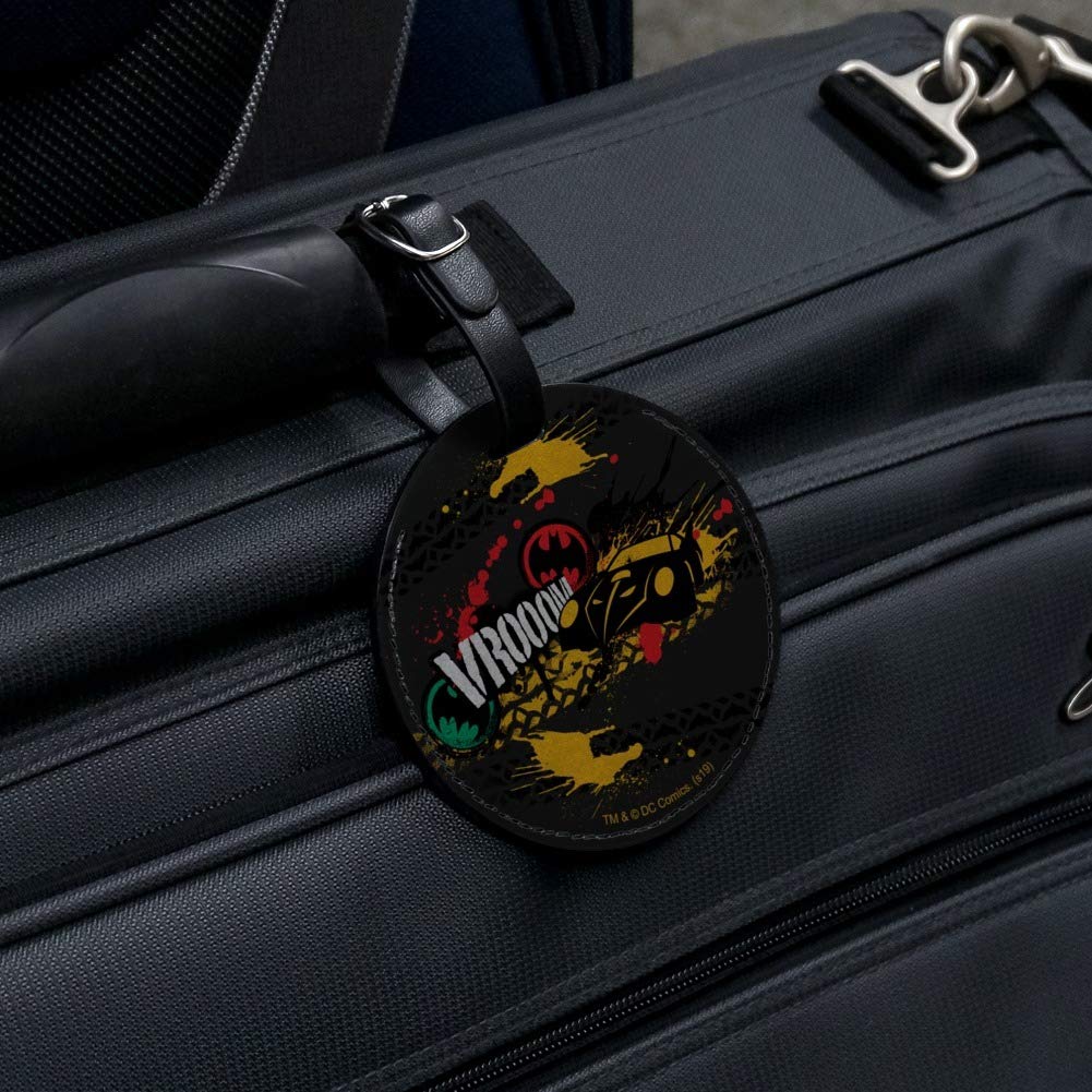 Batman Batmobile VROOOM Round Leather Luggage Tag - Durable Suitcase ID Tag for Carry-On Bags - Perfect for Travel, Cosplay & Superhero Fans
