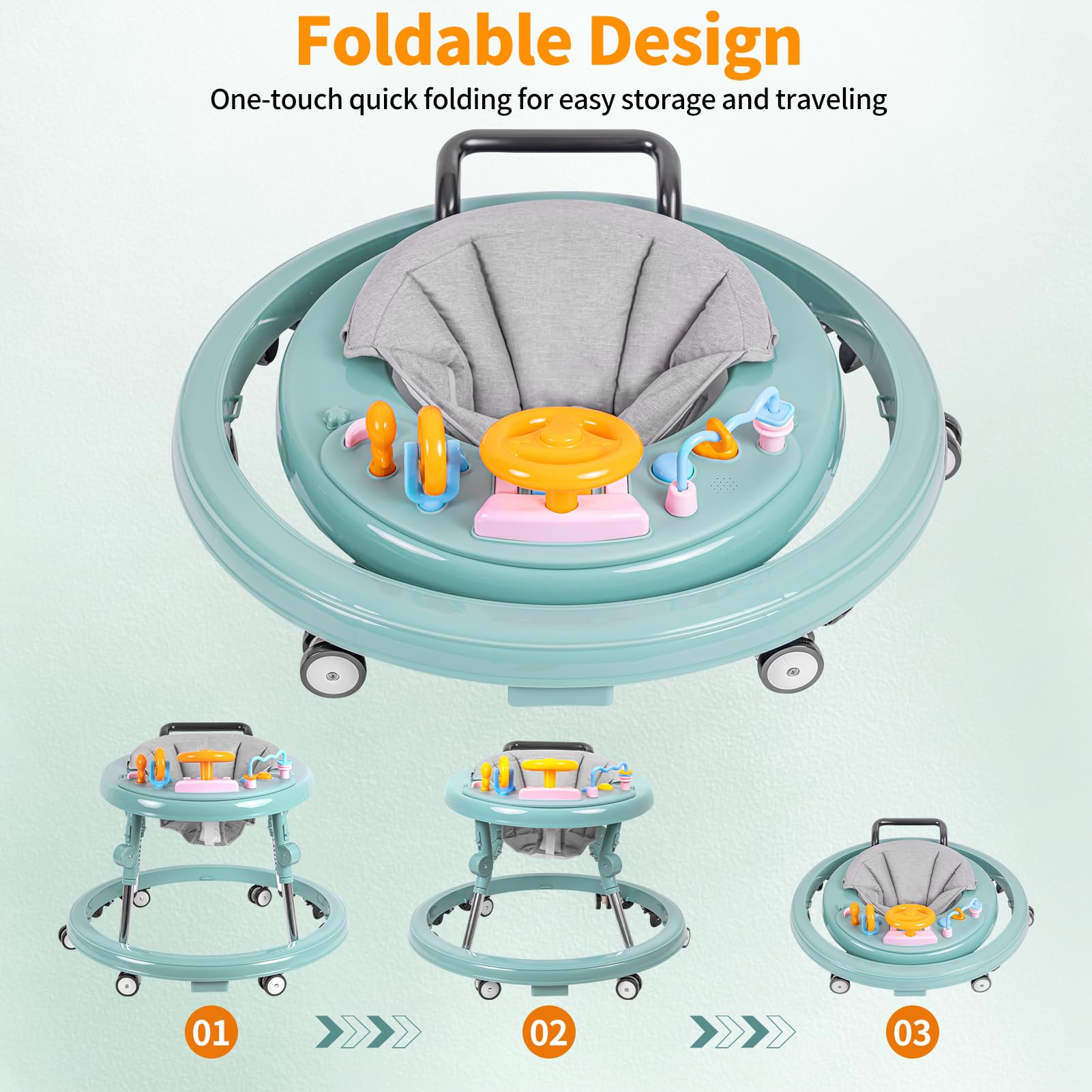 Foldable 9-Speed Adjustable Baby Walker with Wheels & Music - Anti-Fall Infant Activity Center for Boys & Girls 6-24 Months - Perfect for Learning to Walk & Indoor Playtime