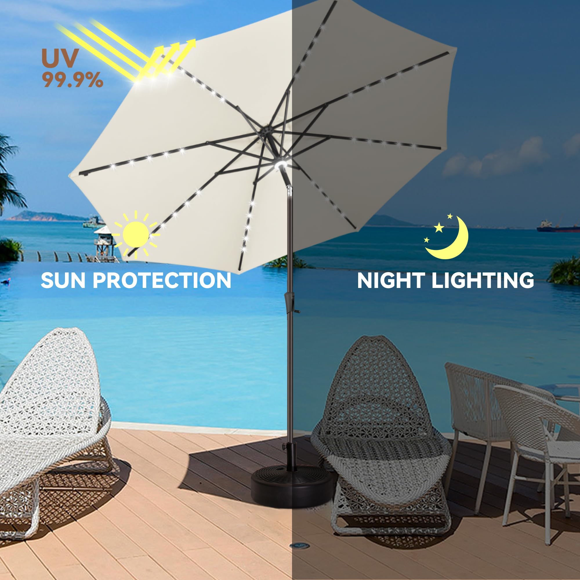9 ft Solar Powered LED Patio Umbrella with 40 Energy-Saving Lights - Waterproof Outdoor Market Umbrella for Garden, Poolside, Backyard & Beach - Ivory