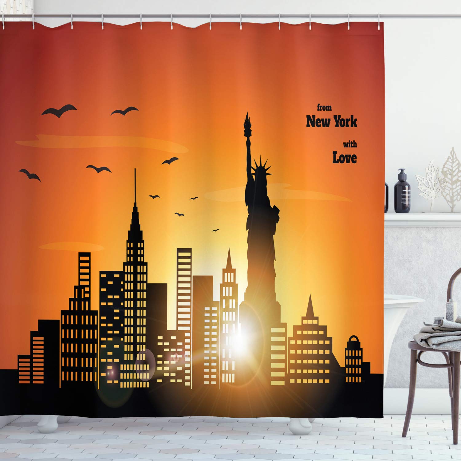 Ambesonne NYC Themed Shower Curtain - New York Skyline with Love Calligraphy Sunset Design, 69x70 Inch Fabric Bathroom Decor Set with Hooks, Burnt Orange & Dark Grey - Perfect for Urban Chic Bathrooms & NYC-Themed Home Decor