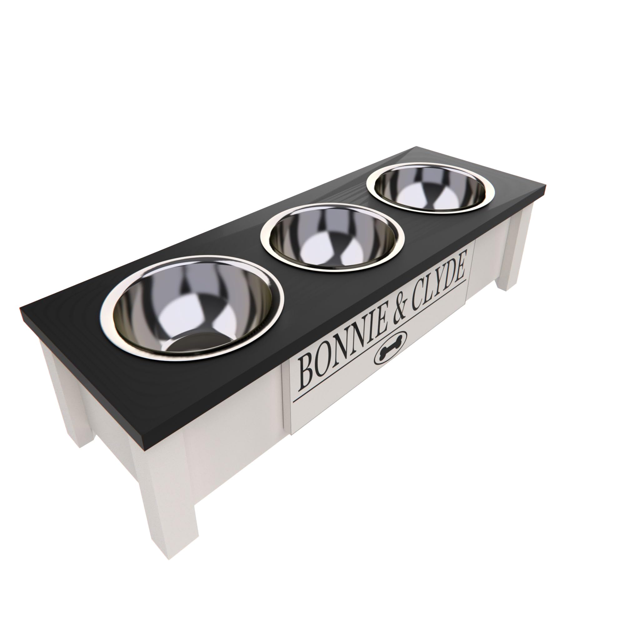 Personalized Elevated Triple Dog Bowl Stand for Large, Medium, Small & X-Small Dogs - 3 Stainless Steel Food & Water Bowls with Internal Storage - Ergonomic Raised Feeder for Better Digestion (Small, Black) - Perfect for Kitchen, Living Room or Outdoor Use