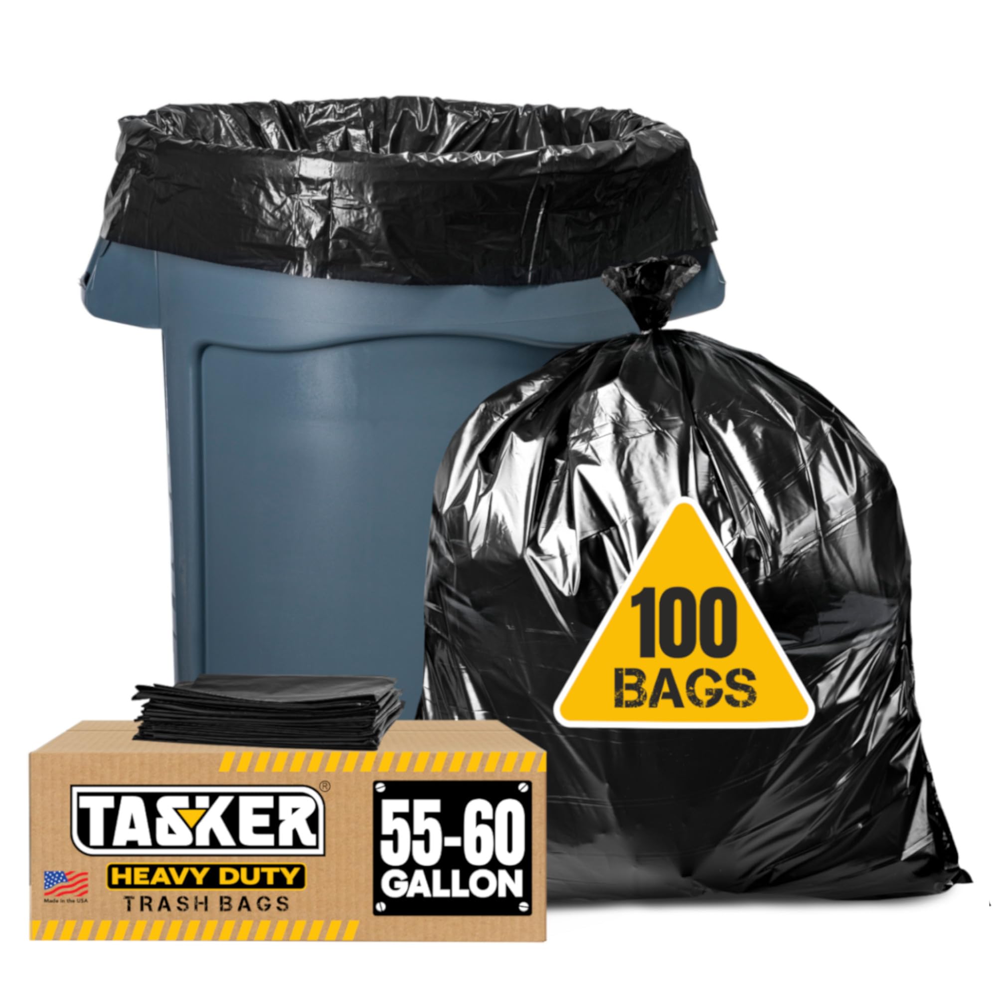 Heavy Duty 55-60 Gallon Trash Bags with Ties - 100 Count Value Pack | Large Black Outdoor Garbage Bags | Extra Thick 50-60 Gal Trash Can Liners for Yard Waste, Construction Debris & Commercial Use