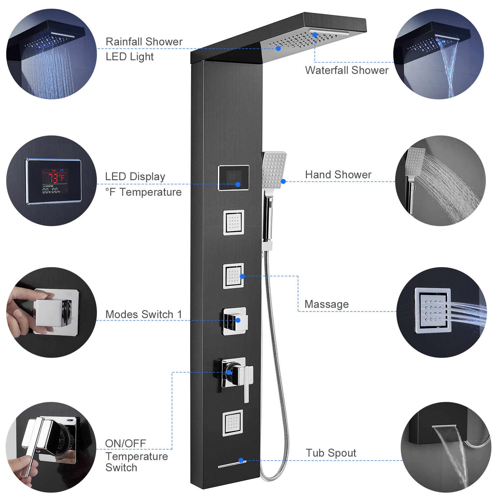 Premium LED Shower Panel Tower System - Black Stainless Steel 304 with 5-Function Rainfall, Waterfall & Body Jet Massage for Spa-Like Bathroom Experience | Perfect for Master Bathroom, Luxury Hotel & Wellness Center