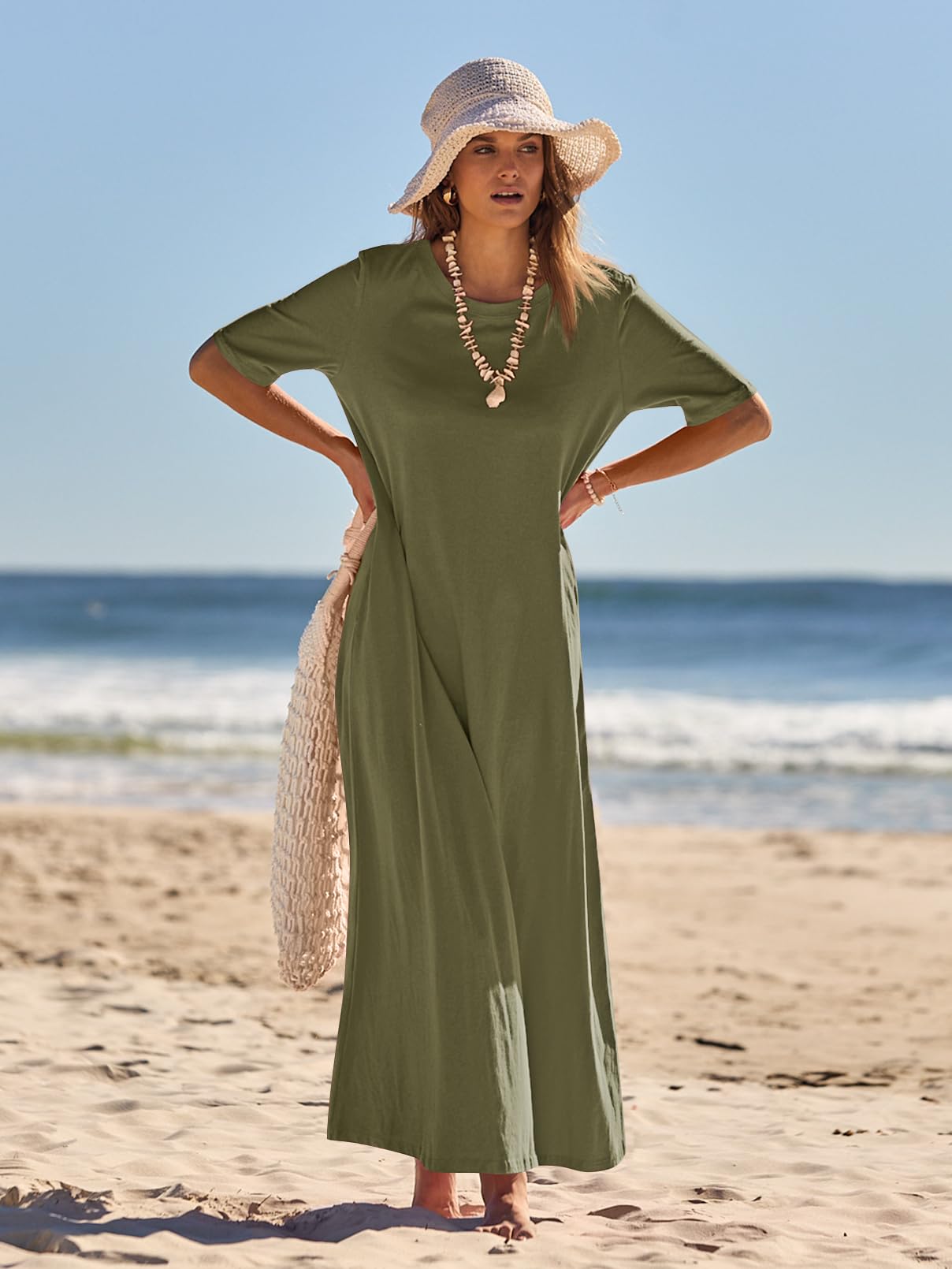 MEROKEETY Women's 2025 Spring Summer Casual Maxi Dress - Short Sleeve Crewneck Long T-Shirt Dress for Beach Vacation & Everyday Wear | Flowy Comfort Dress for Outings, Travel & Relaxation
