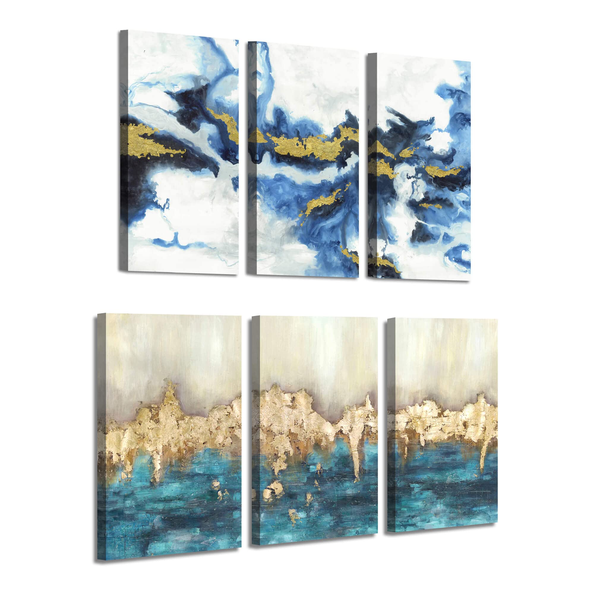 Ocean Abstract Art Painting - Blue & Gold Modern Wall Decor for Living Room, Bedroom & Office - Handmade Canvas Artwork