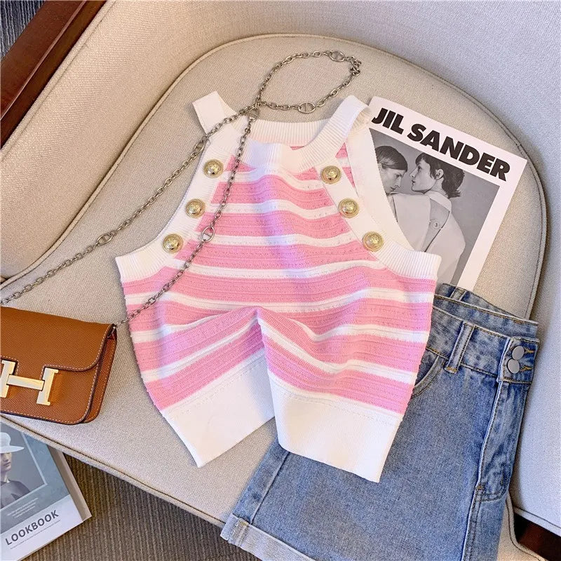 Women's Halter Slim Striped Knit Vest - Sexy Elegant Sleeveless Crop Top with Gold Buttons | Summer Streetwear Fashion | Perfect for Beach, Party & Casual Outfits