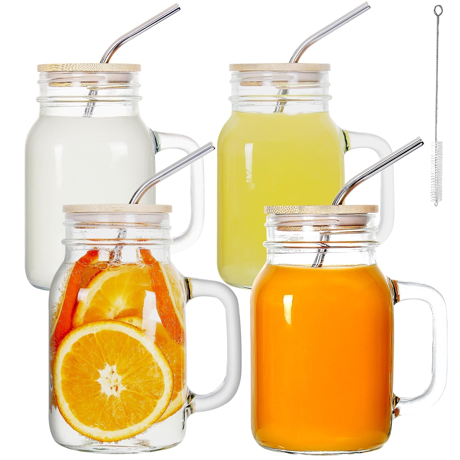 4 Pack 20 Oz Mason Jars with Bamboo Lids & Straws - Reusable Drinking Glasses for Iced Coffee, Juice, Smoothies, Kombucha, Tea & Milk - Perfect for Home, Office, Picnics & Outdoor Activities