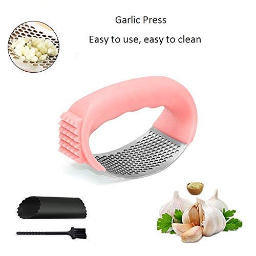 Premium Stainless Steel Garlic Press Rocker - 2-in-1 Garlic Crusher & Chopper with Silicone Peeler & Cleaning Brush - Heavy Duty Kitchen Gadget for Mincing, Grinding & Cutting Garlic - Perfect for Cooking, Meal Prep & Professional Kitchens (Pink)