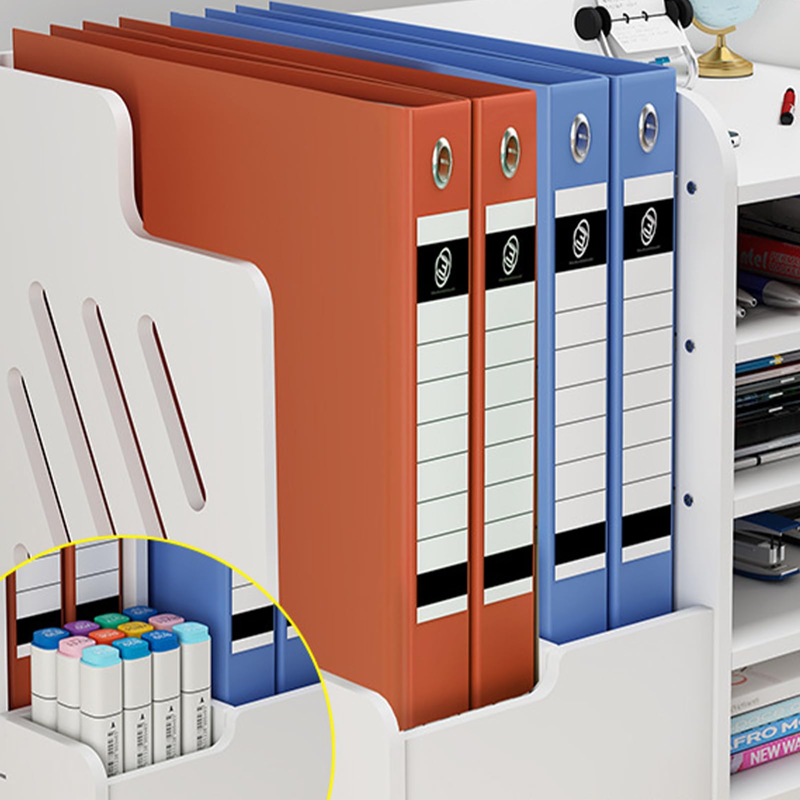 Bamboo Desk Organizer with Drawer & Lock - Wooden Desktop Bookshelf for Files, Pens & Tissues - Home & Office Organization Accessories (White, Assembly Required) | Perfect for Workspace Decluttering & Stylish Storage Solutions