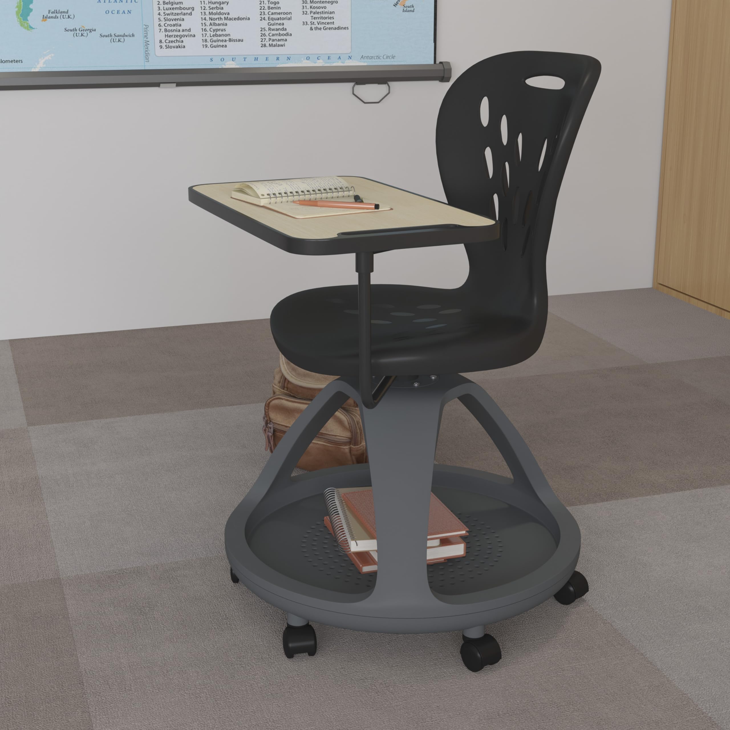 Ergonomic Black Mobile Desk Chair with 360° Swivel & Tablet Holder | Under Seat Storage Organizer | Perfect for Home Office, Gaming & Study Spaces