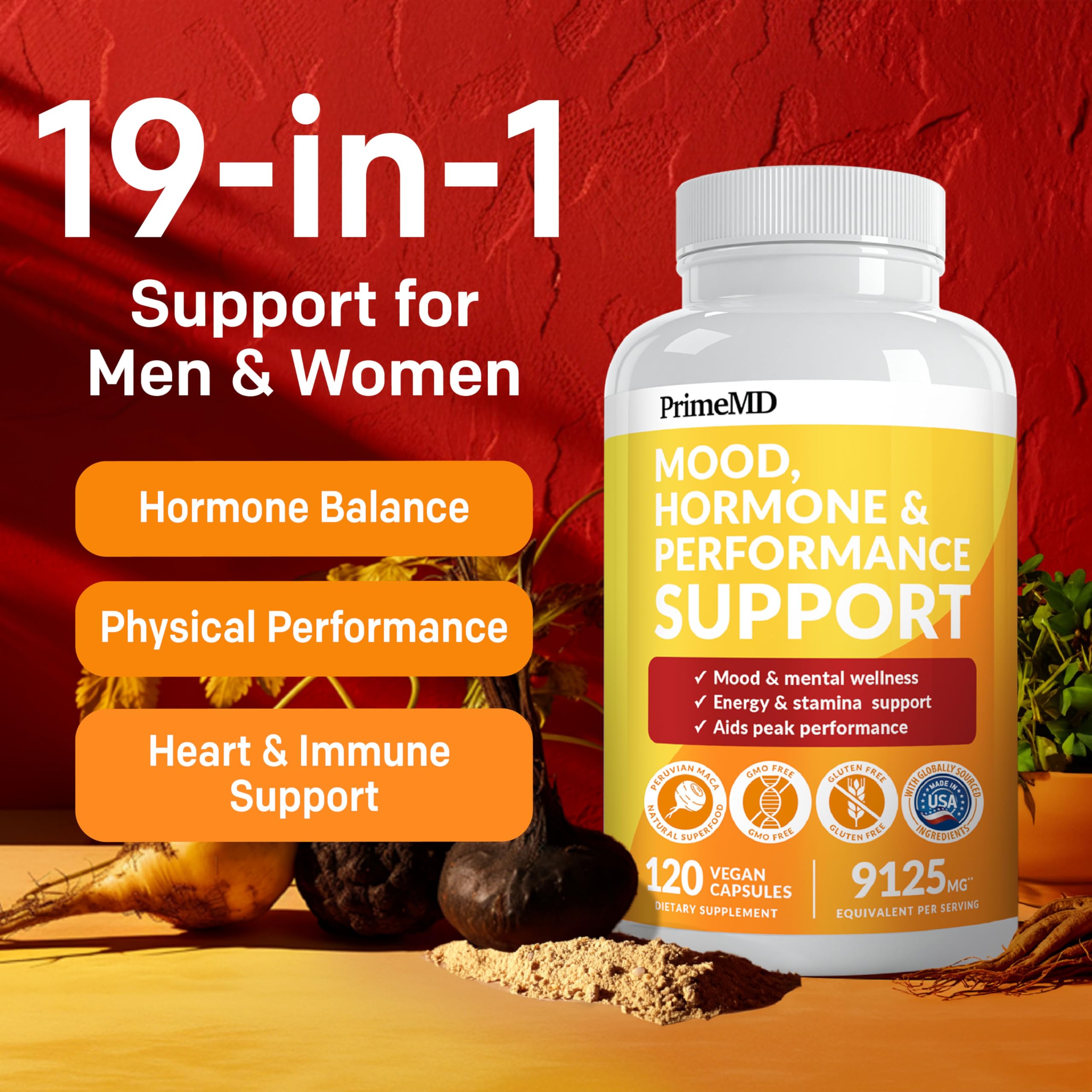 PrimeMD 19-in-1 Peruvian Maca Root Capsules - 9125mg Ashwagandha Supplement with Maca, Fenugreek & Ginseng for Mood, Hormone & Performance Support (120 Capsules) - Energy Boost, Stress Relief & Libido Enhancer for Men & Women