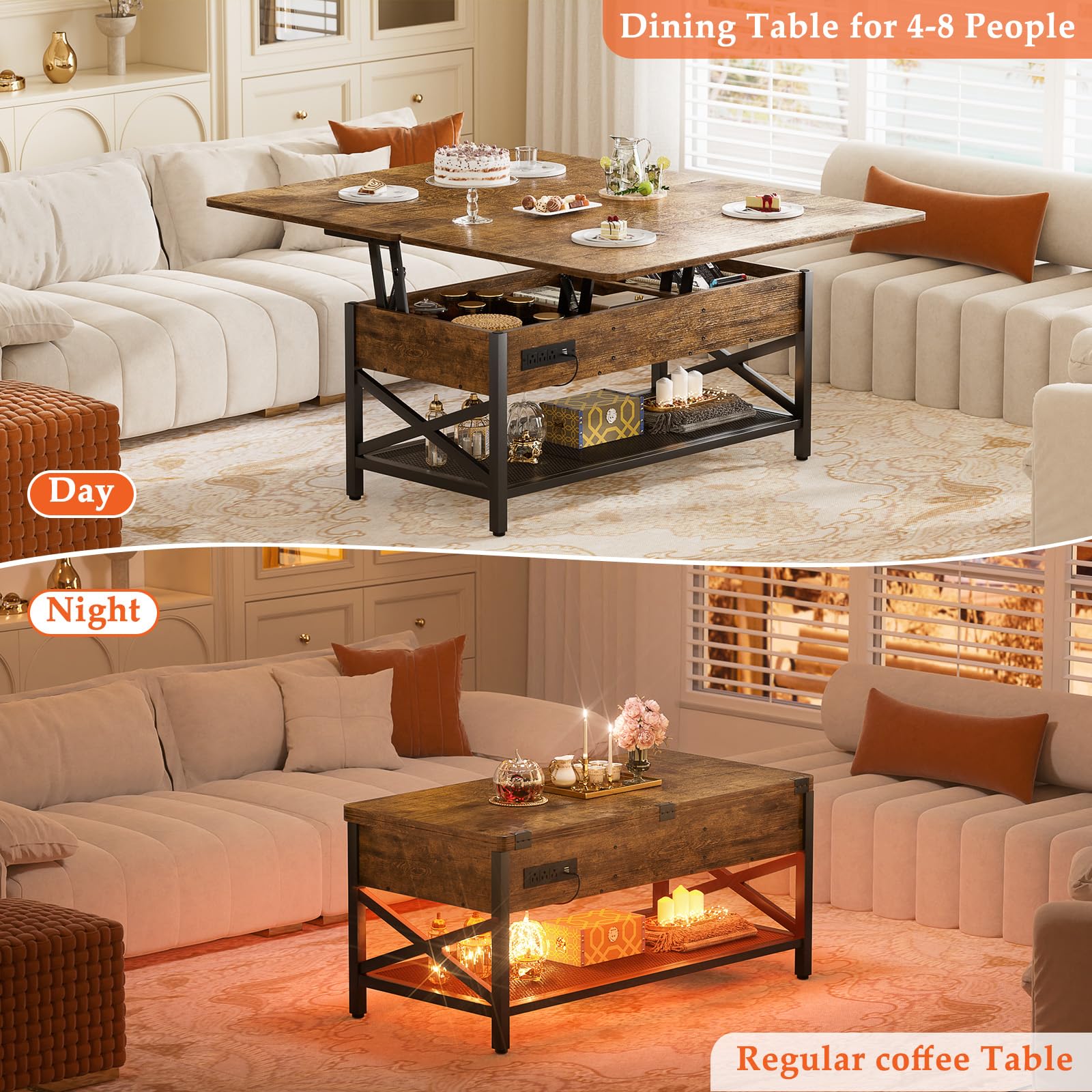 Aheaplus Lift Top Coffee Table with LED Lights & Power Outlets - Convertible Dining Table with Storage Shelves, Rustic Brown Center Table for Living Room, Home Office & Reception Areas | Perfect for Small Spaces, Entertaining Guests & Remote Work