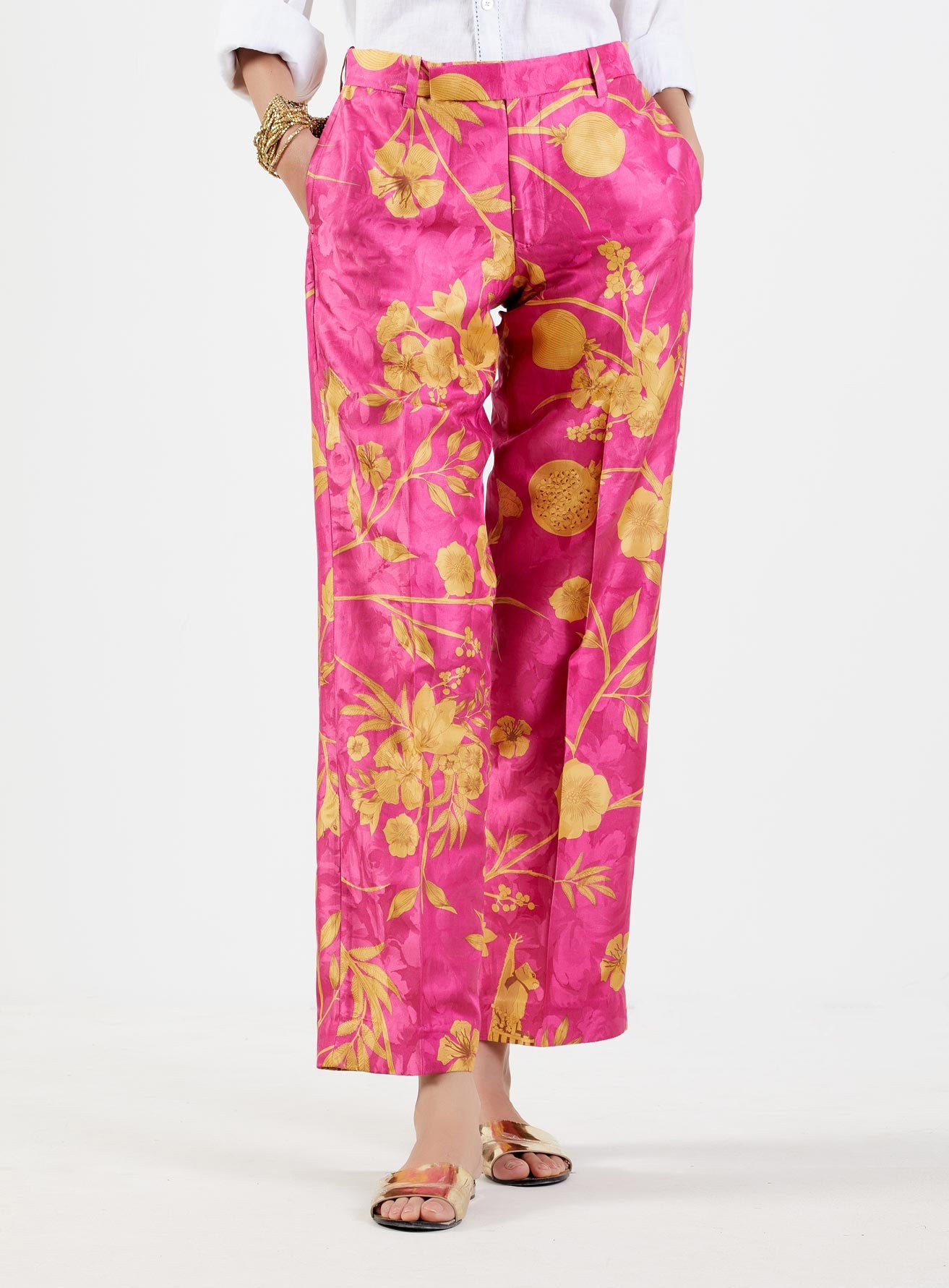 Straight Fit Trousers for Women - Luxury Silk Damask Fabric - Comfortable & Elegant Pants for Office, Party & Special Occasions