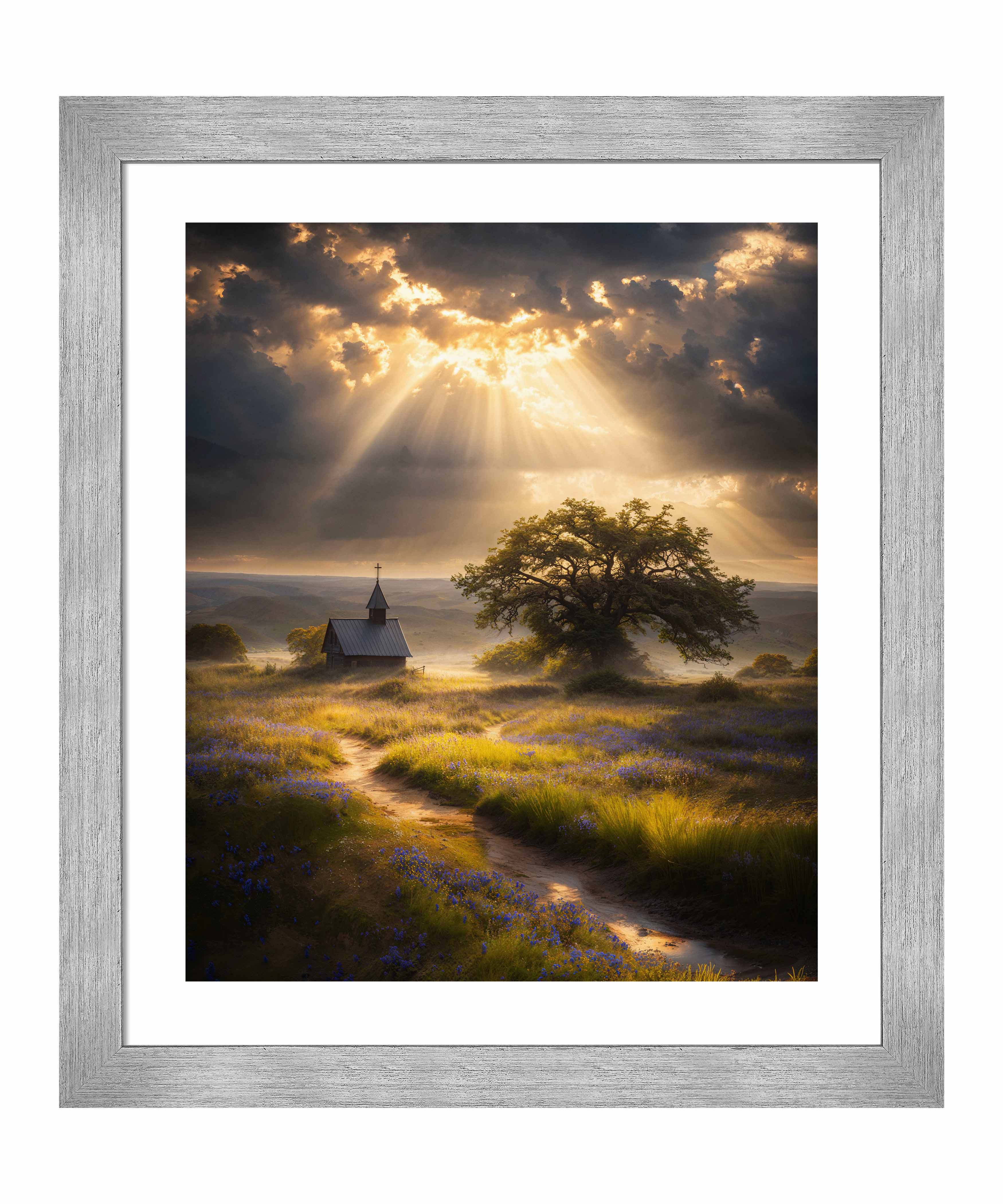 Celestial Rays Over Lone Star Landscape Art Print - Stunning Wall Decor for Living Room, Bedroom & Office