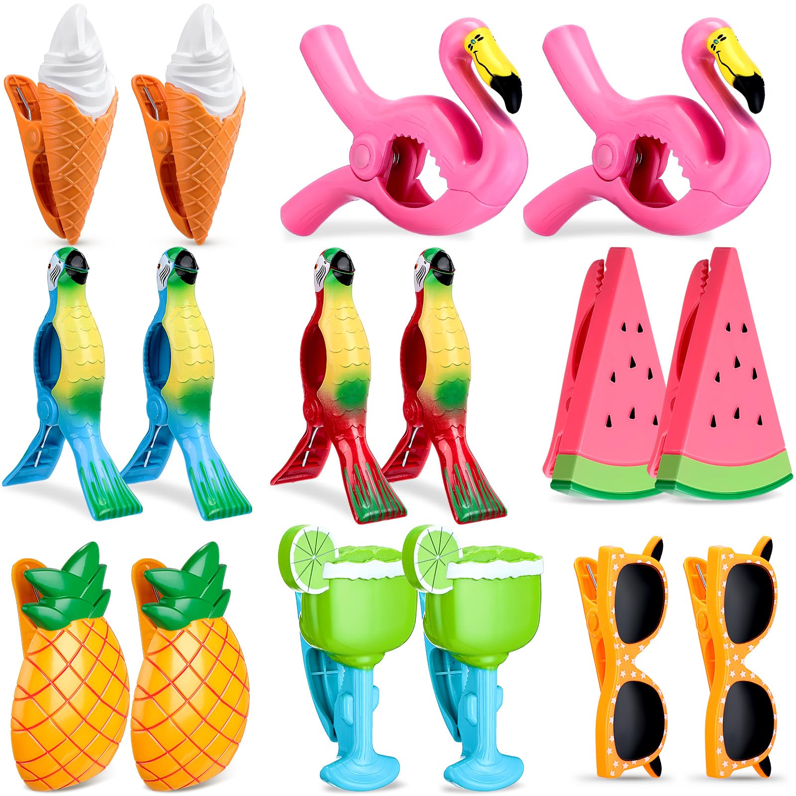 16 Pack Cute Beach Towel Clips - Heavy Duty Chair Clips for Pool, Patio & Beach - Multi-Purpose Clothes Pins for Towels, Blankets & Laundry - Assorted Colors (Classic Style) - Perfect for Vacation, Backyard & Outdoor Activities