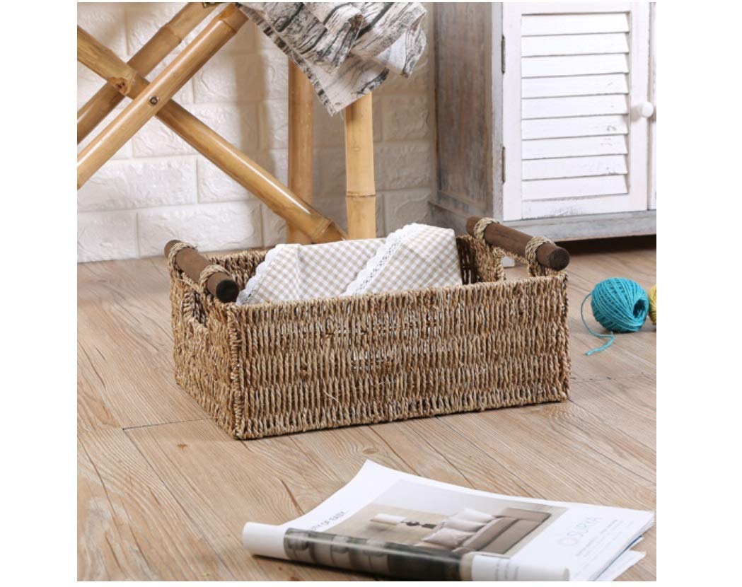 Handmade Straw American Solid Wood Handle Storage Basket - 37x26x16x13.5cm - Coffee Table Organizer, Snack Storage, Home Decor for Living Room & Bedroom