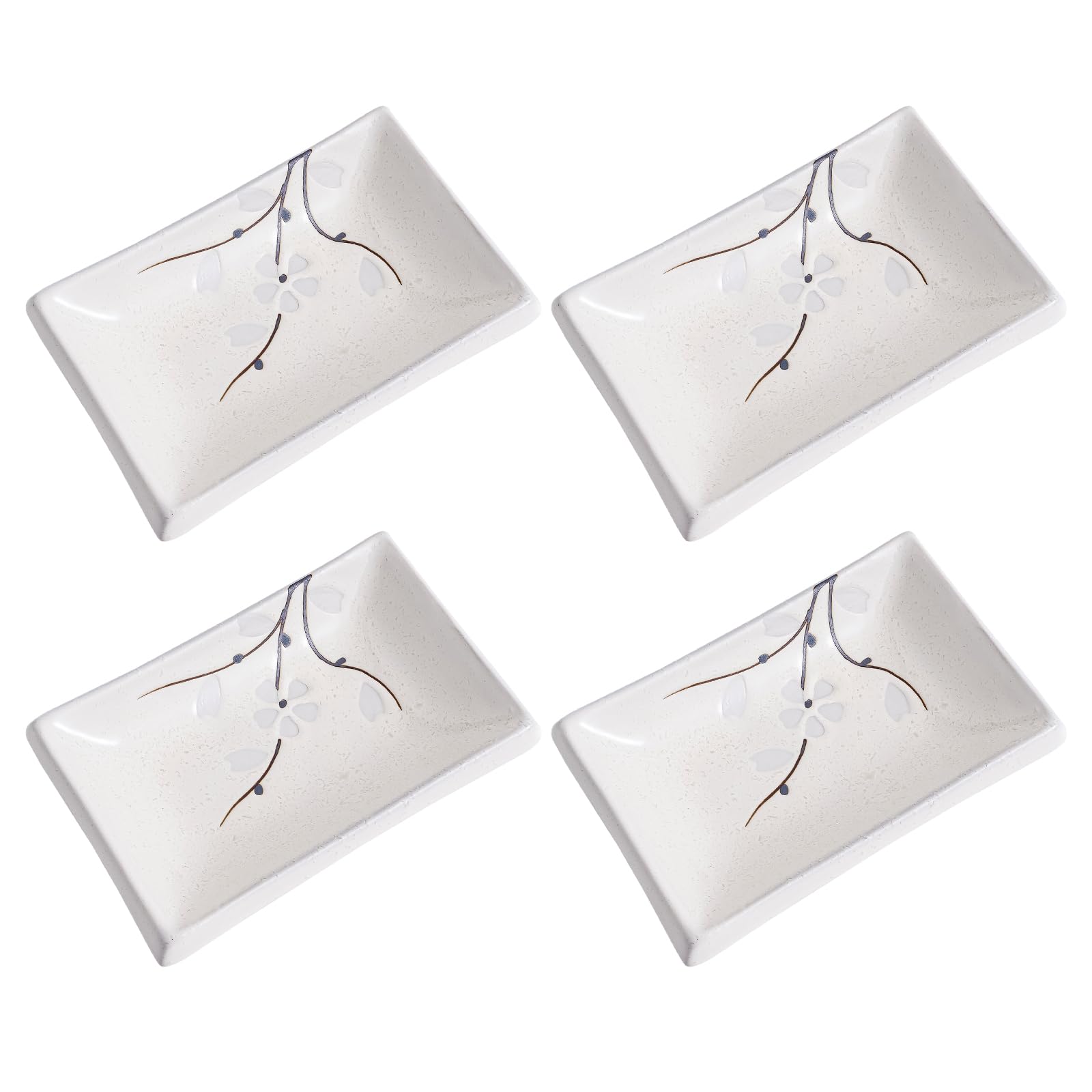 4 Inch Ceramic Sauce Dish - Japanese Rectangular Sushi Dipping Bowl, Seasoning Dishes & Appetizer Plates (4-Pack, White Sakura) - Perfect for Home Kitchen, Sushi Restaurants & Party Serving
