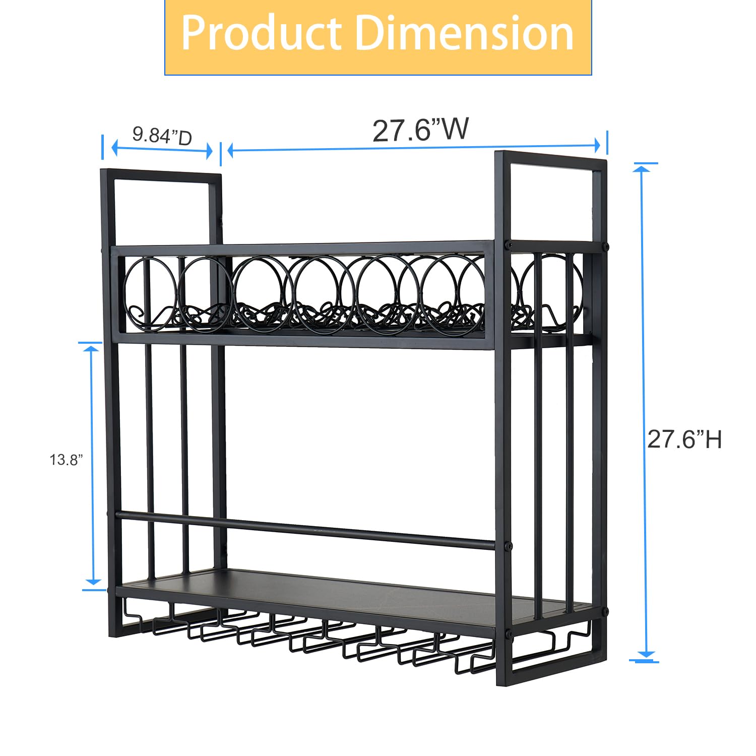 Wall Mounted Wine Rack with Glass Holder - Floating Metal Liquor Shelf for Wine Bottle Storage & Display - Black Bar Decor for Kitchen, Dining Room or Home Bar
